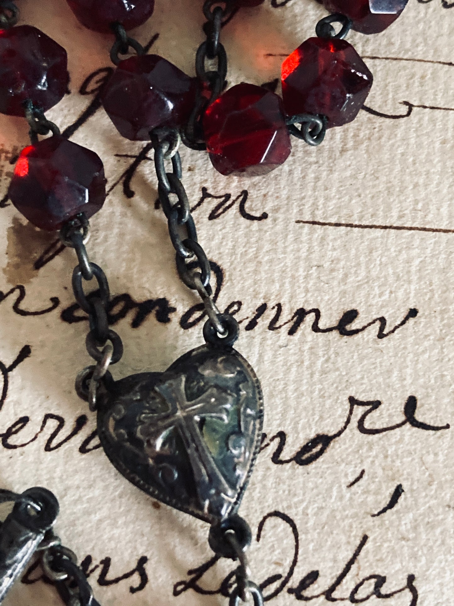 Antique hand cut faceted ruby glass rosary.