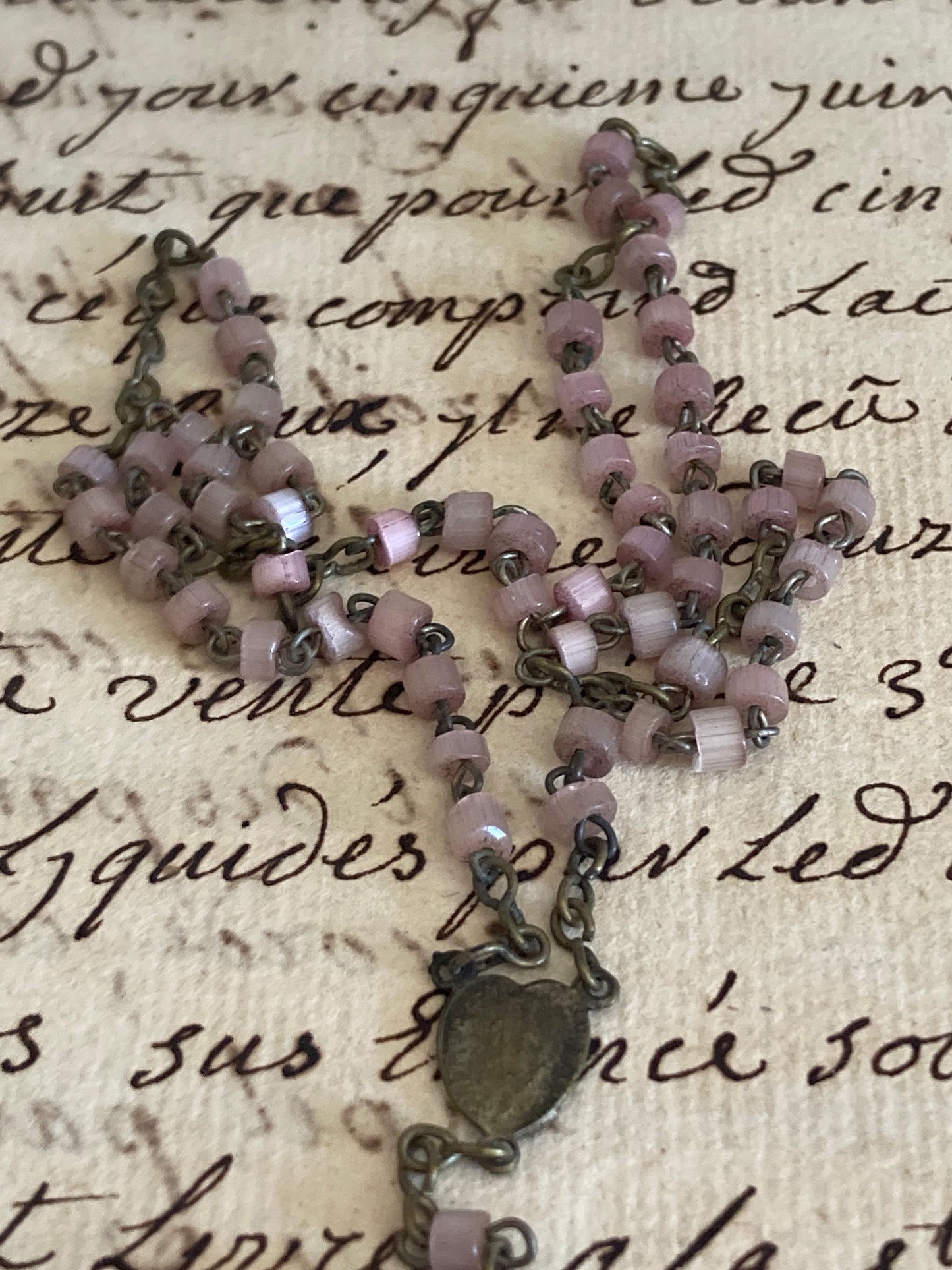 Antique pink child’s communion rosary