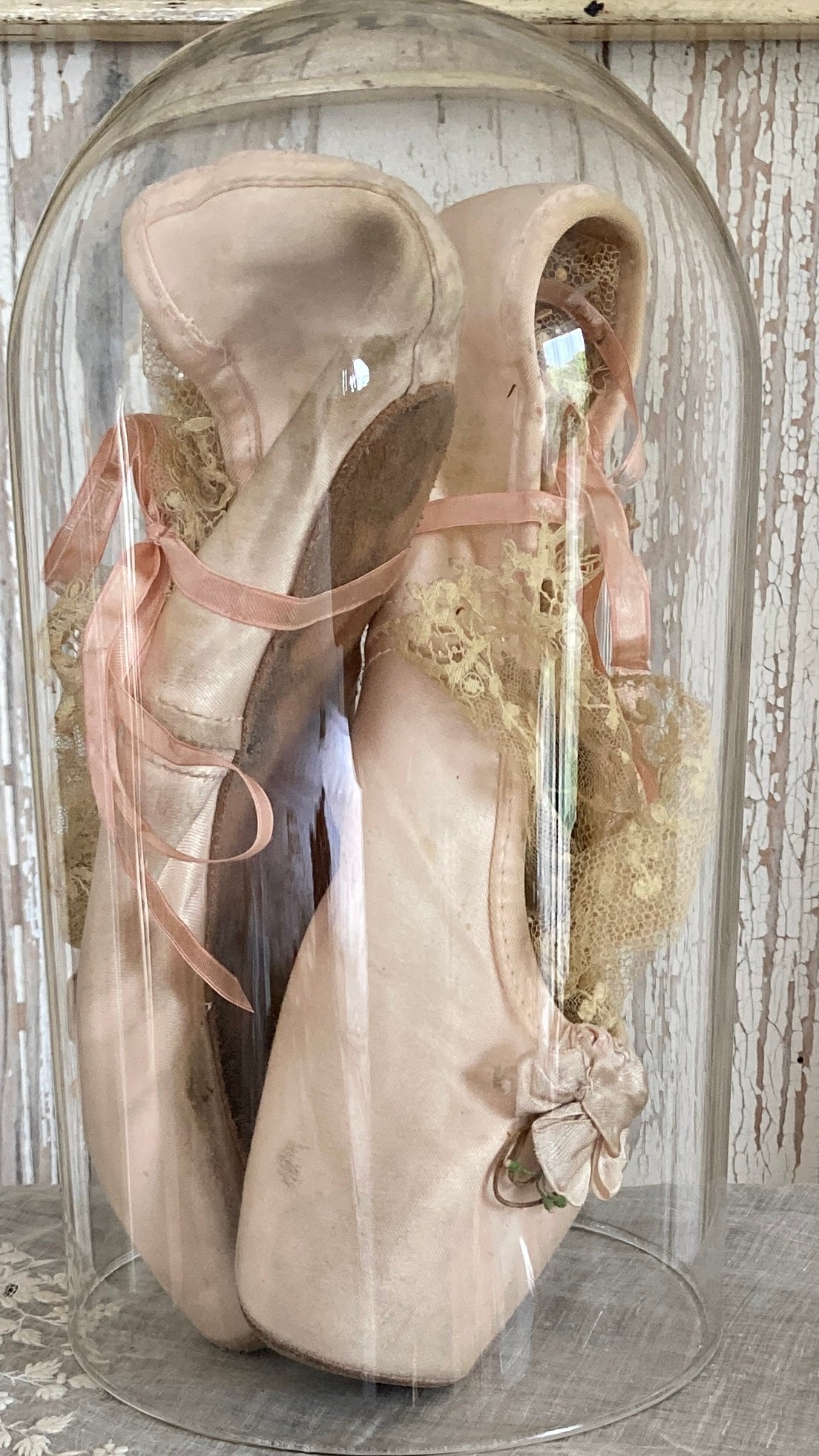 Ballet pointes in glass dome.
