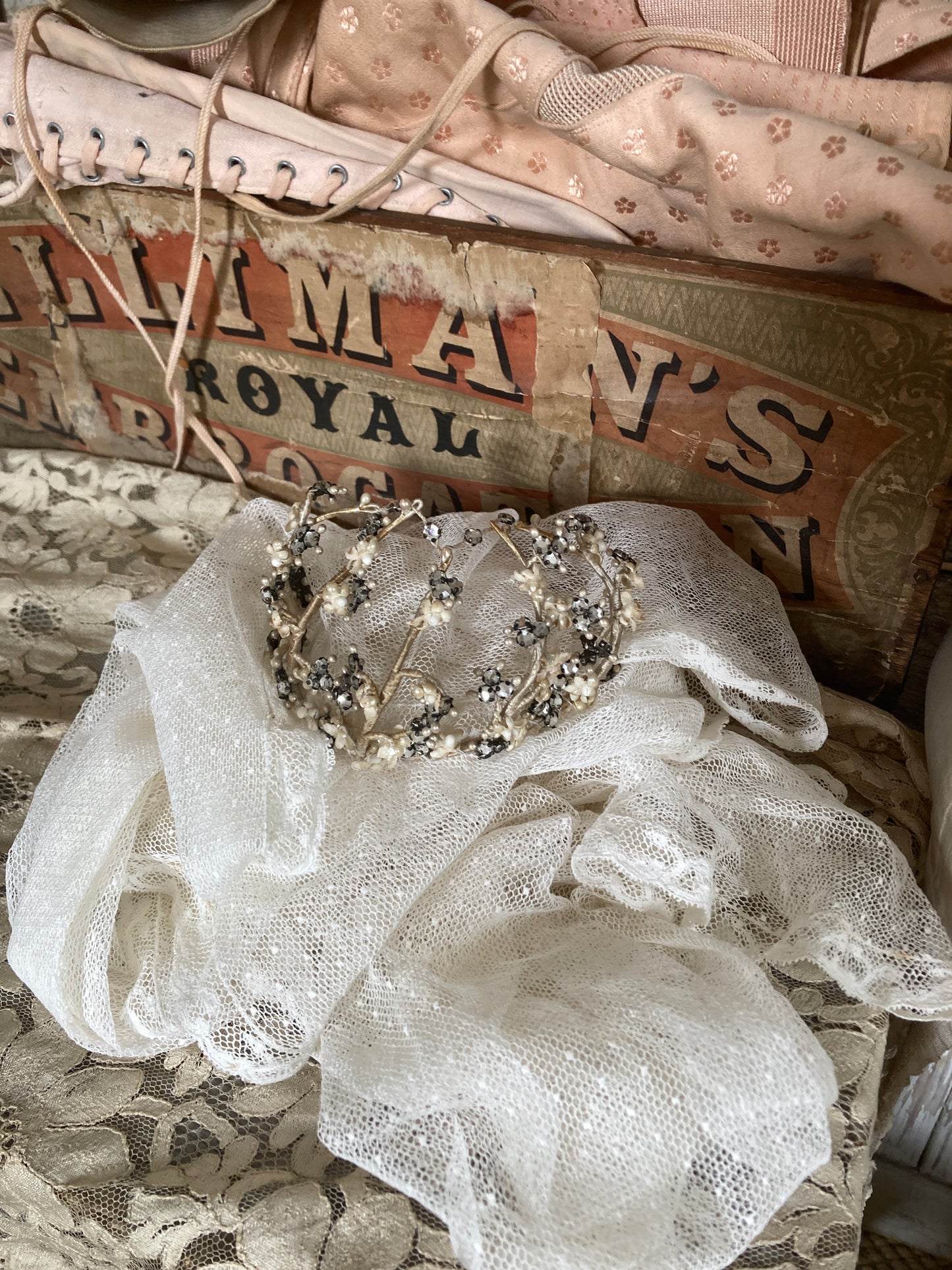Achingly pretty antique christening crown and veil