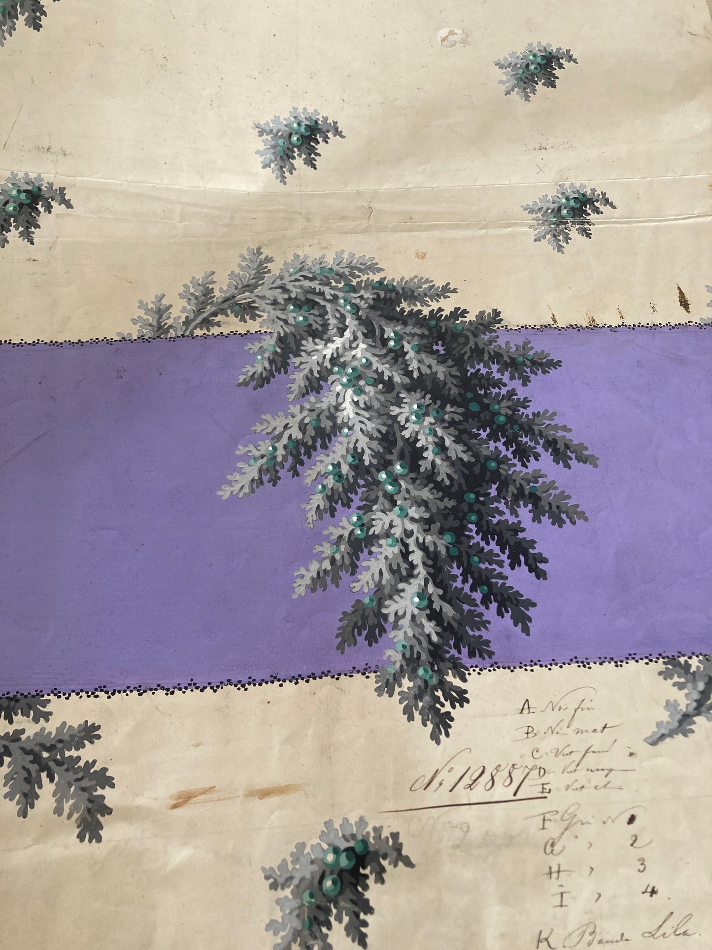 Antique french textile design, hand painted.