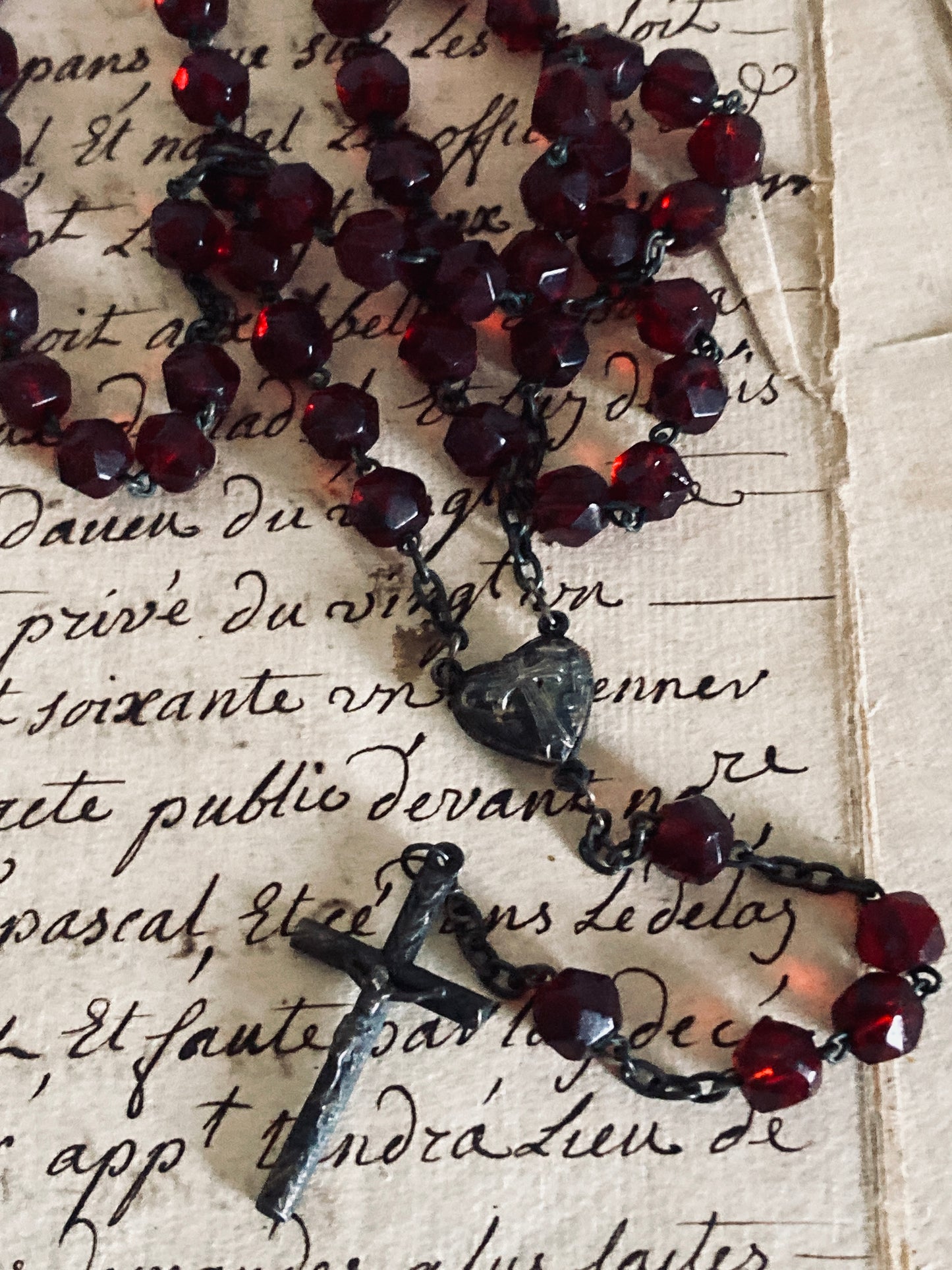 Antique hand cut faceted ruby glass rosary.