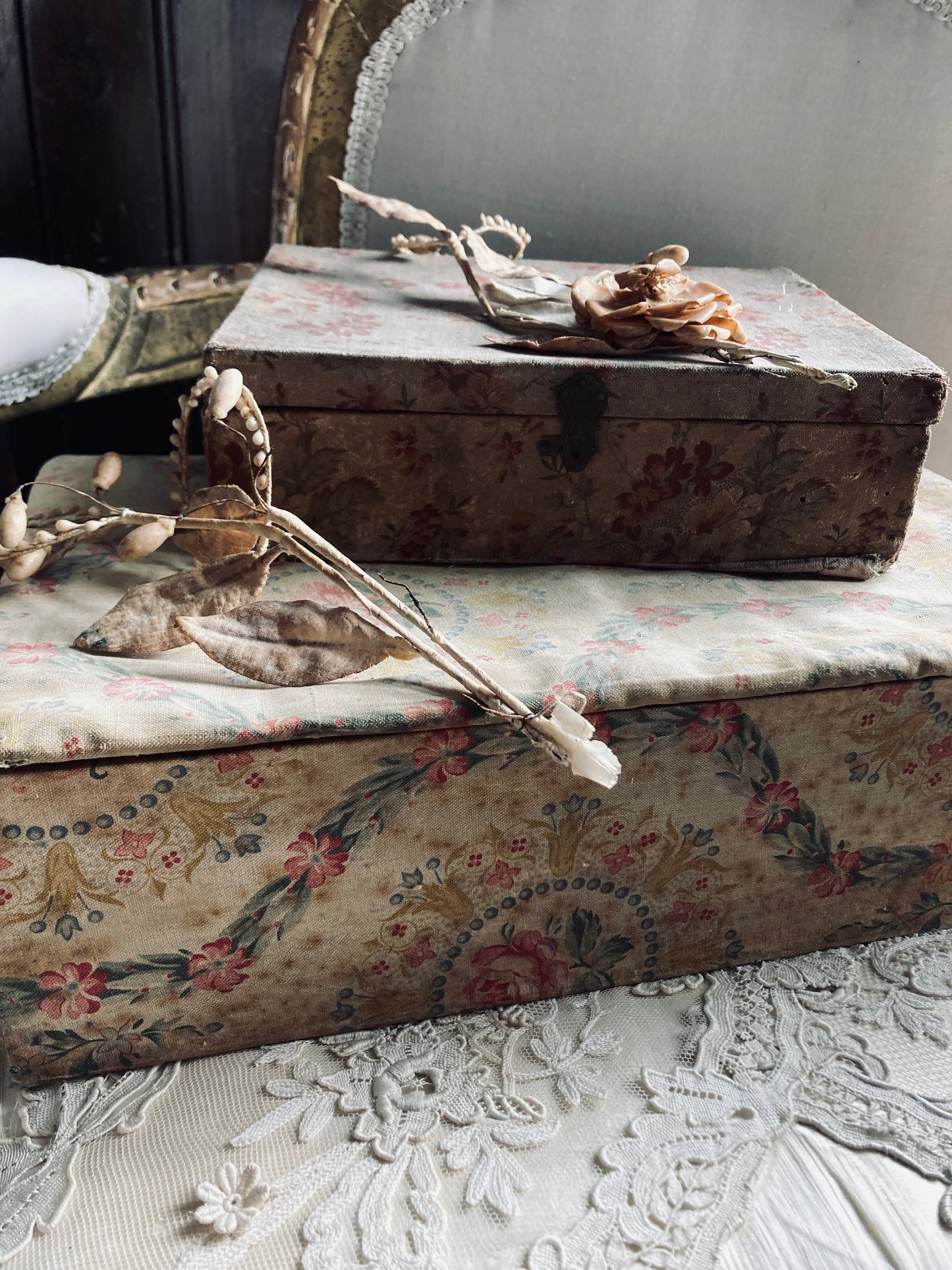 French antique textile covered box