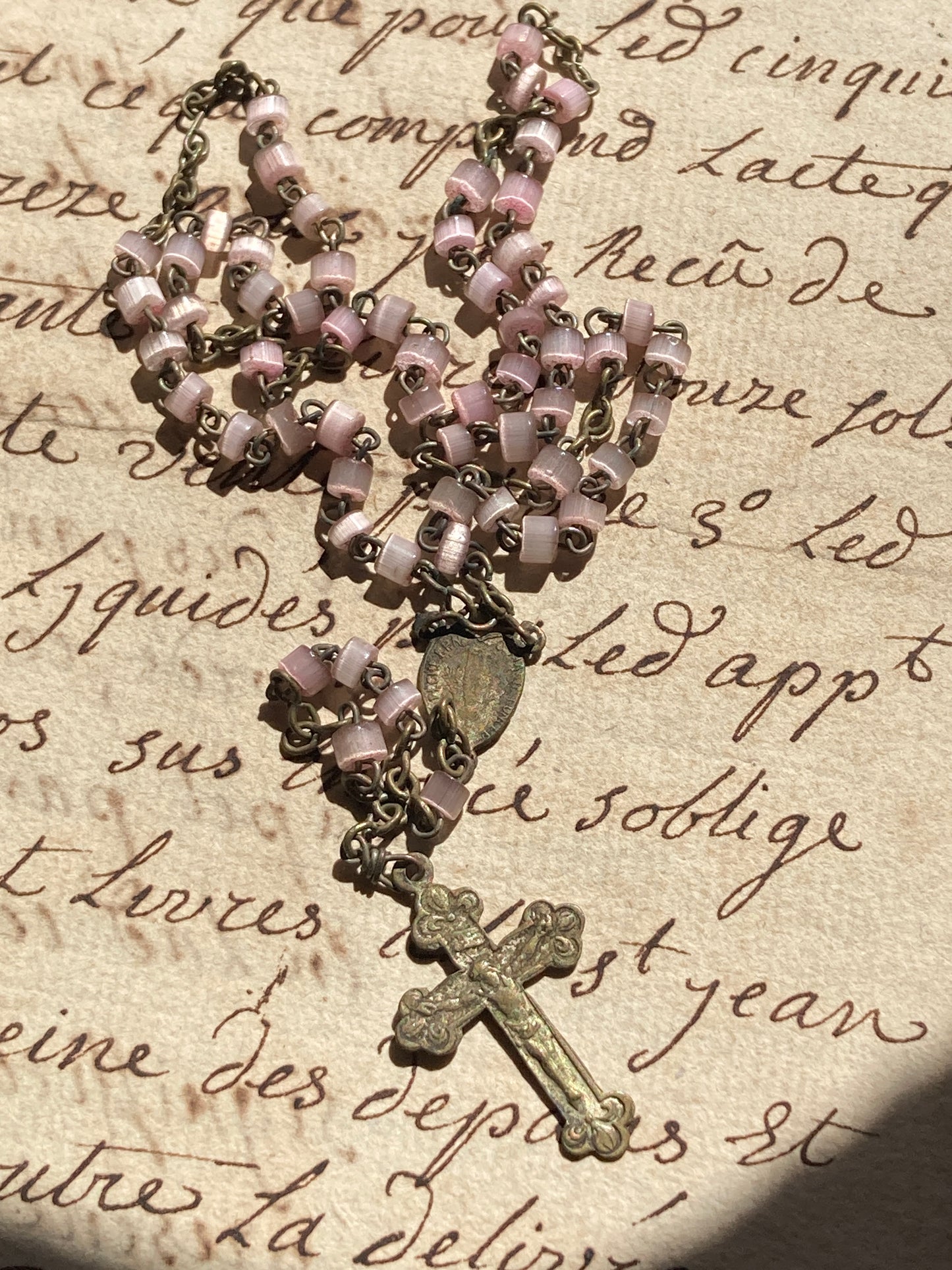 Antique pink child’s communion rosary