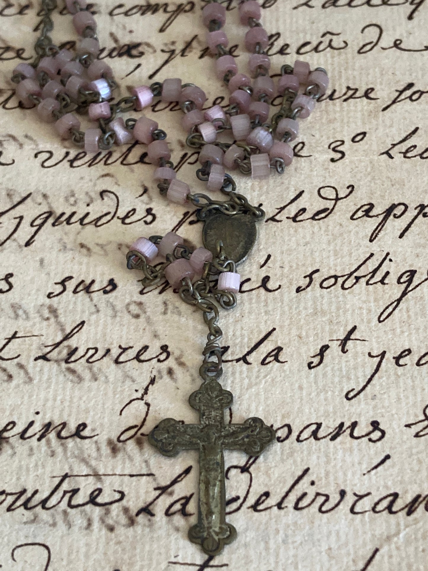 Antique pink child’s communion rosary