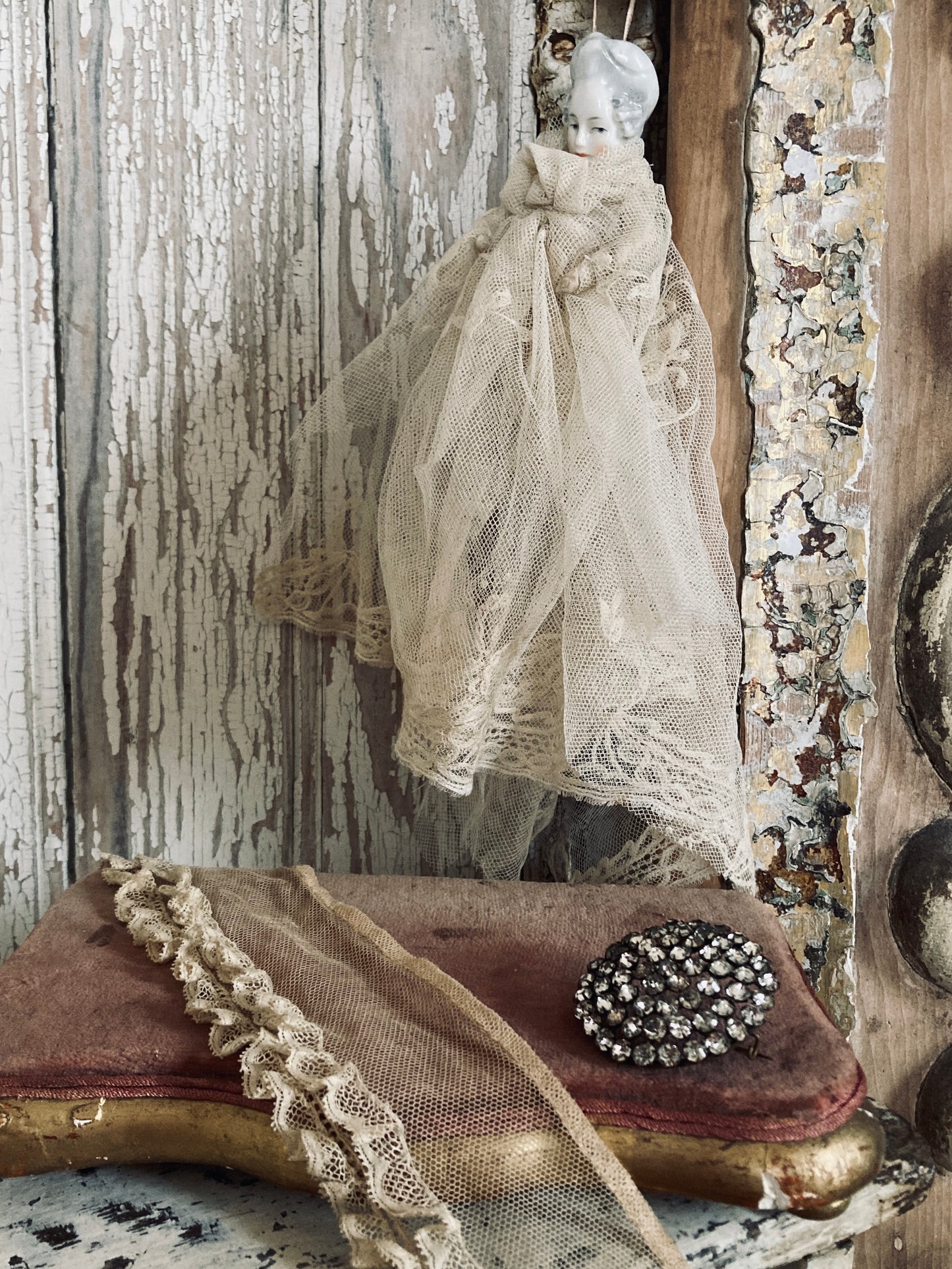 Antique German head and lace gown.