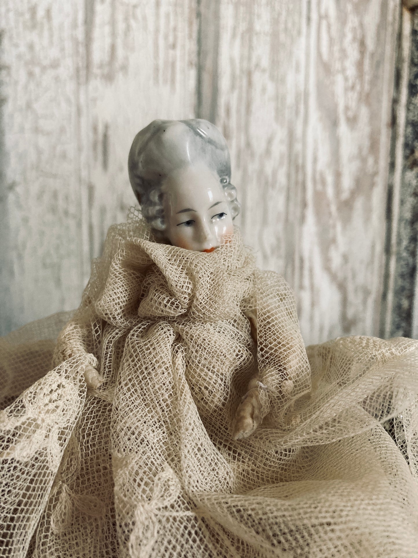 Antique German head and lace gown.