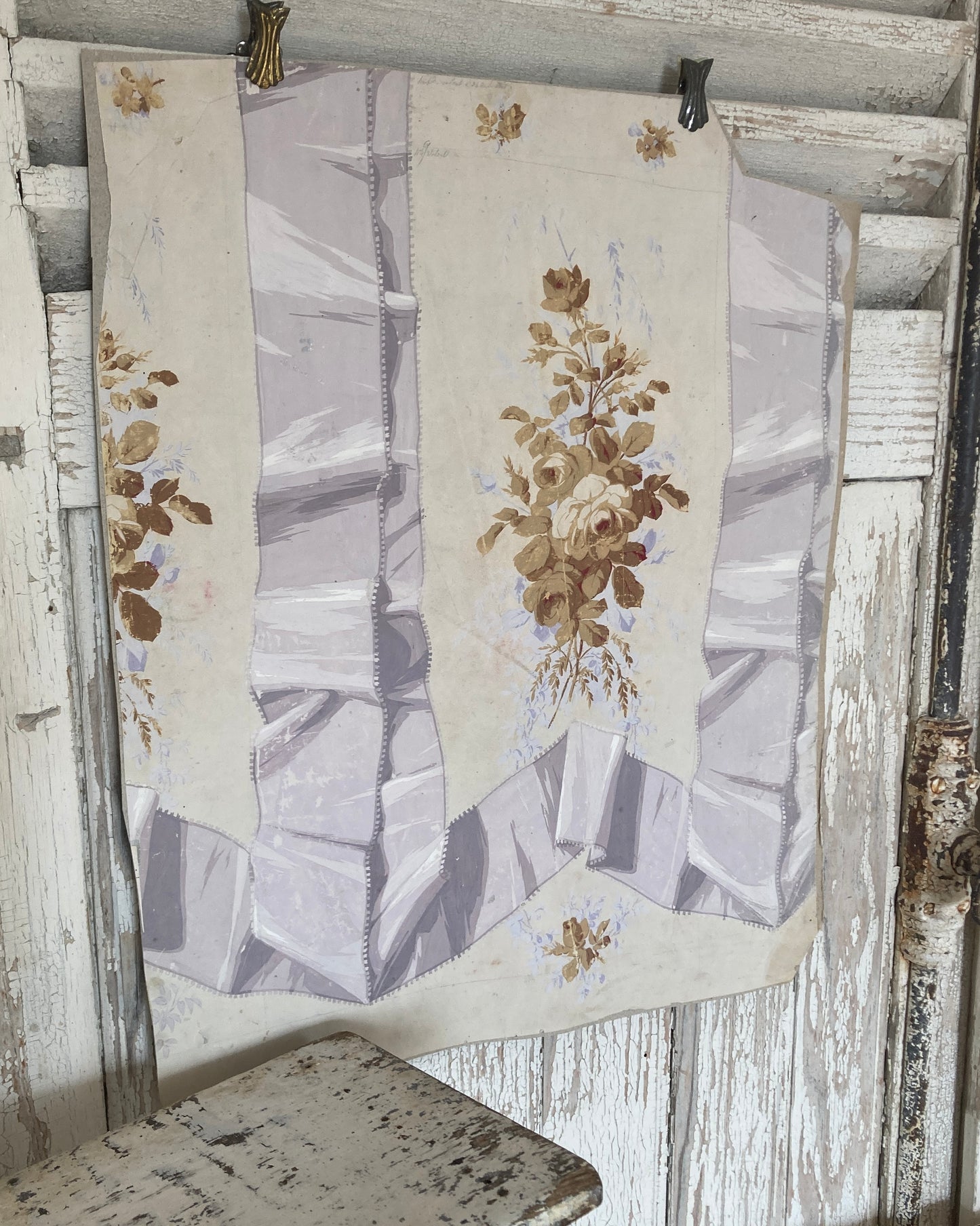 Antique french textile design hand painted.