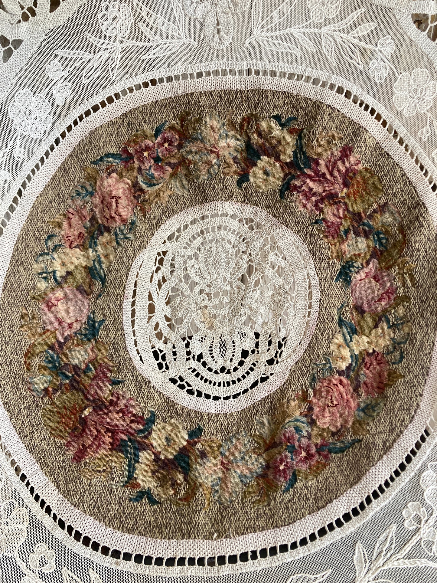 Glorious fine tapestry and crochet lace panelled table covering.