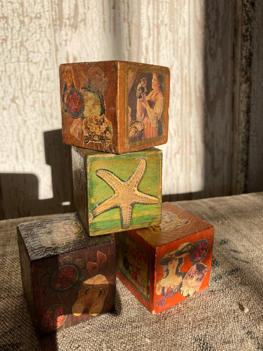 Four Victorian decoupage blocks