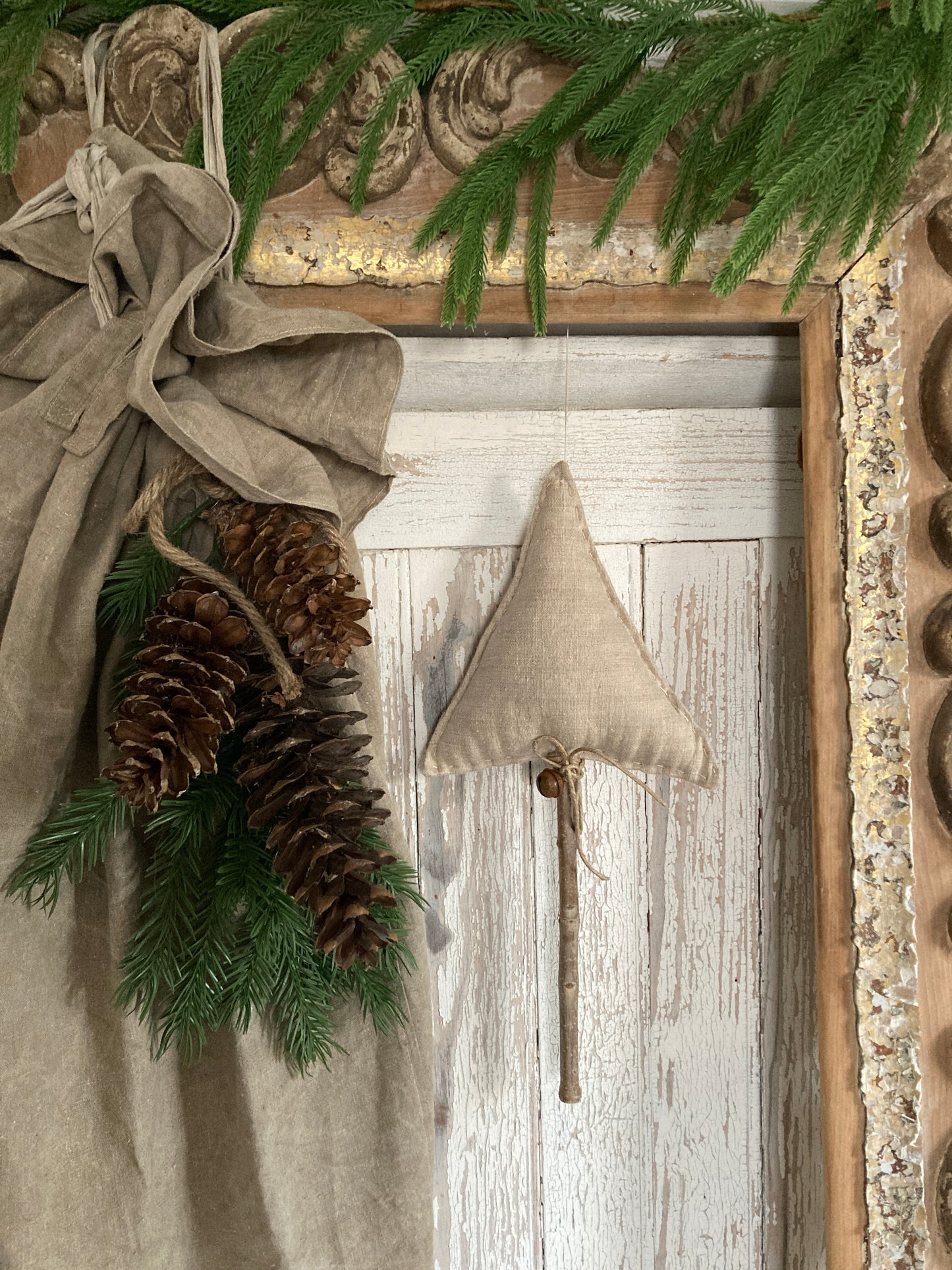 Charming Old french linen hanging christmas trees.