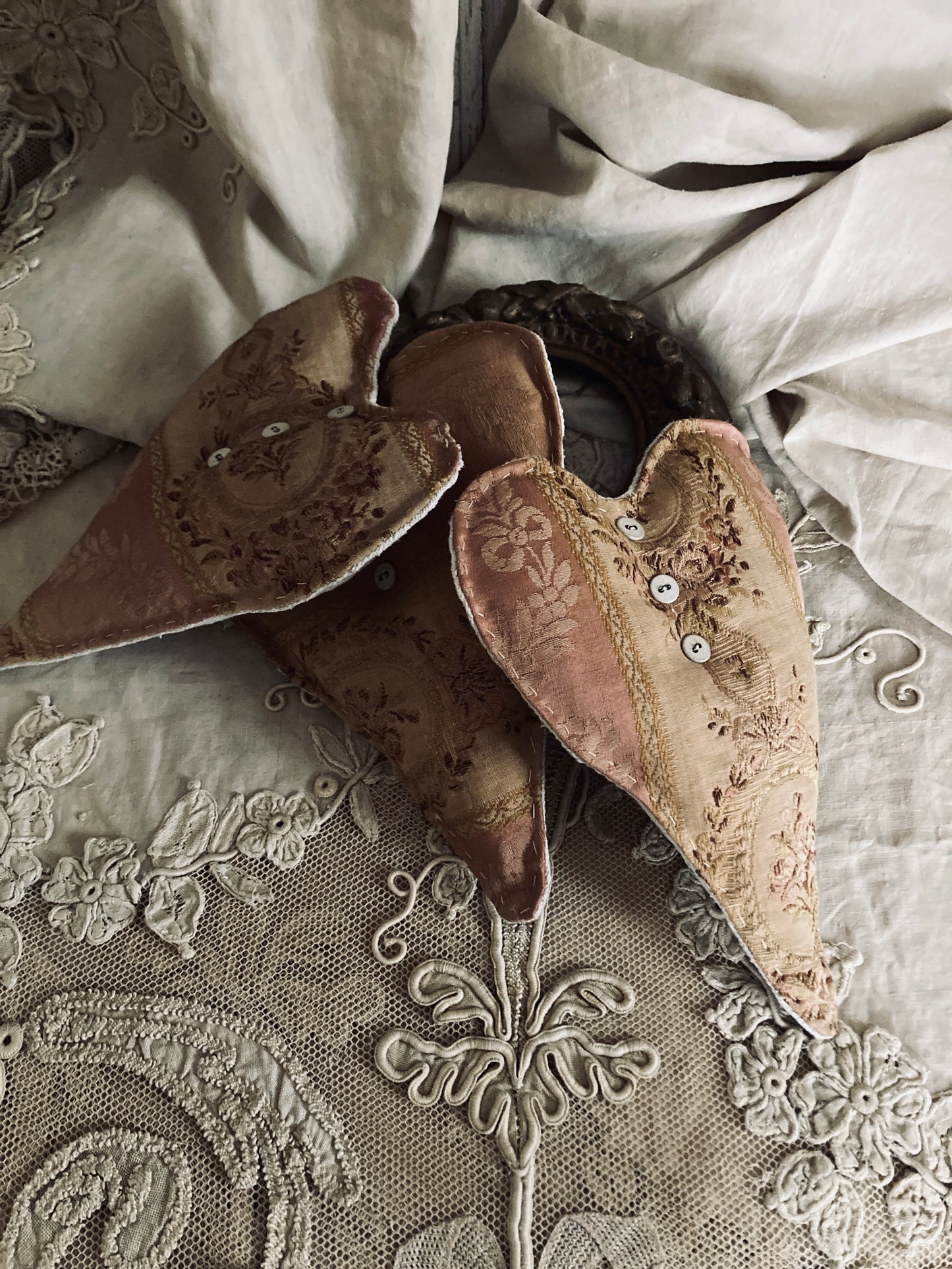 Antique french brocade Lavender filled hearts.