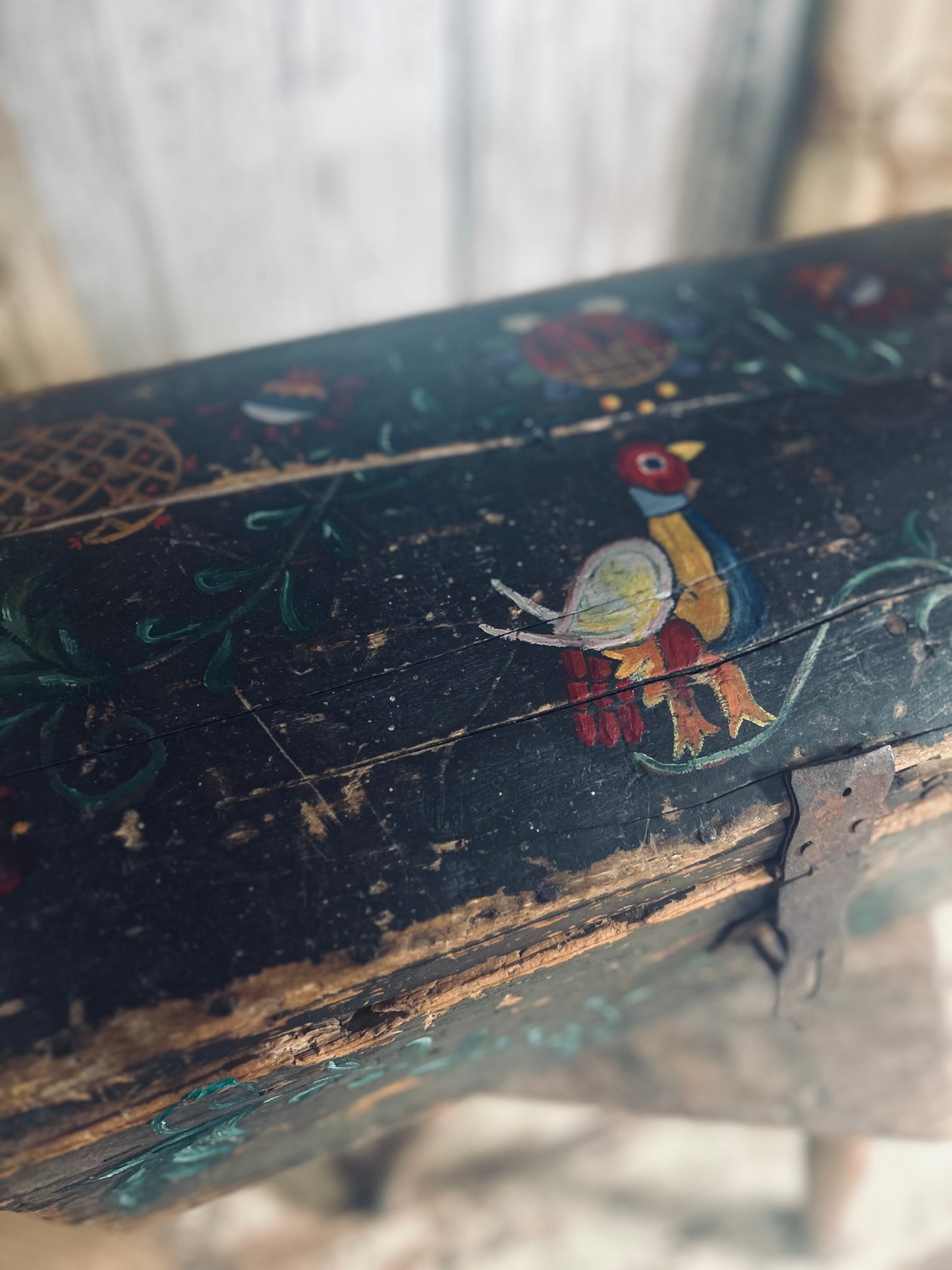 Antique Normandy marriage chest. Folk art.