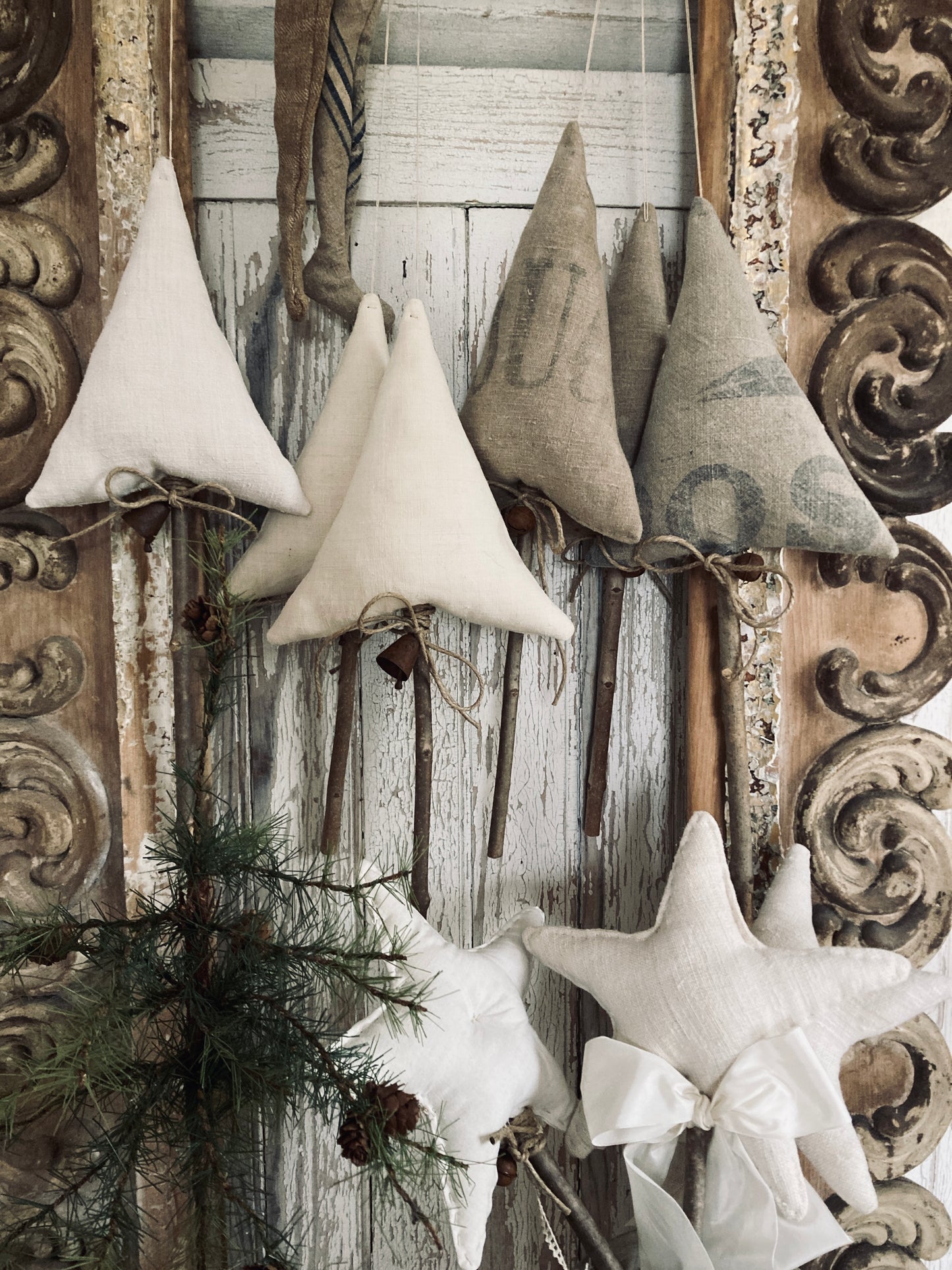 Charming Old french linen hanging christmas trees.
