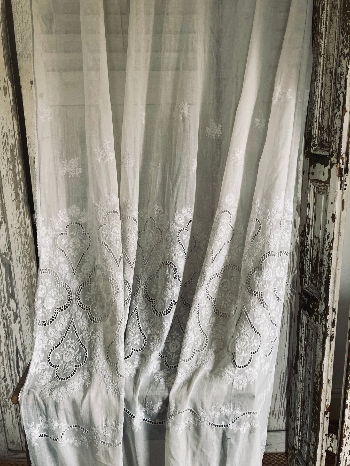 French antique long panel with gorgeous details and cutwork.