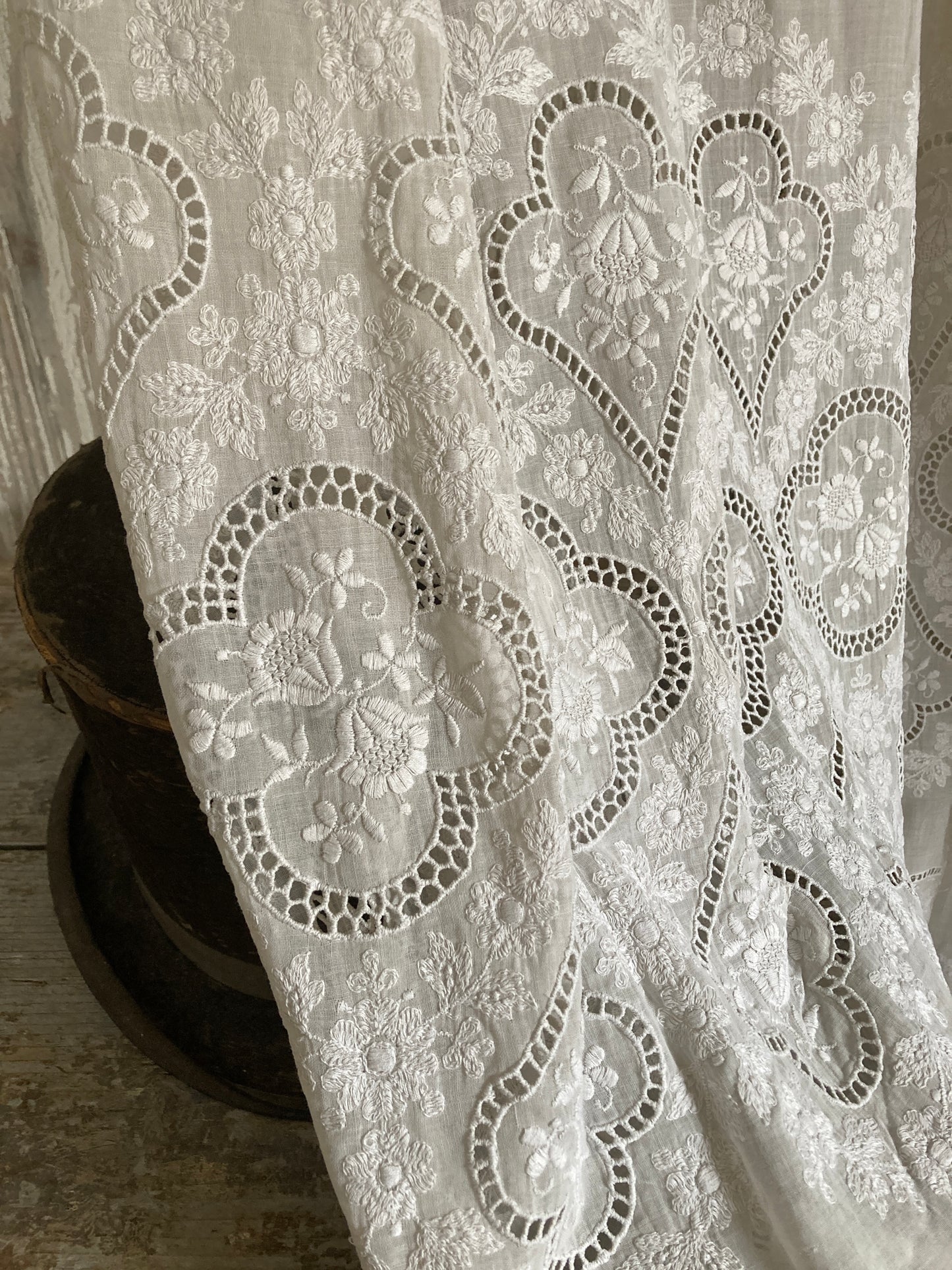 French antique long panel with gorgeous details and cutwork.