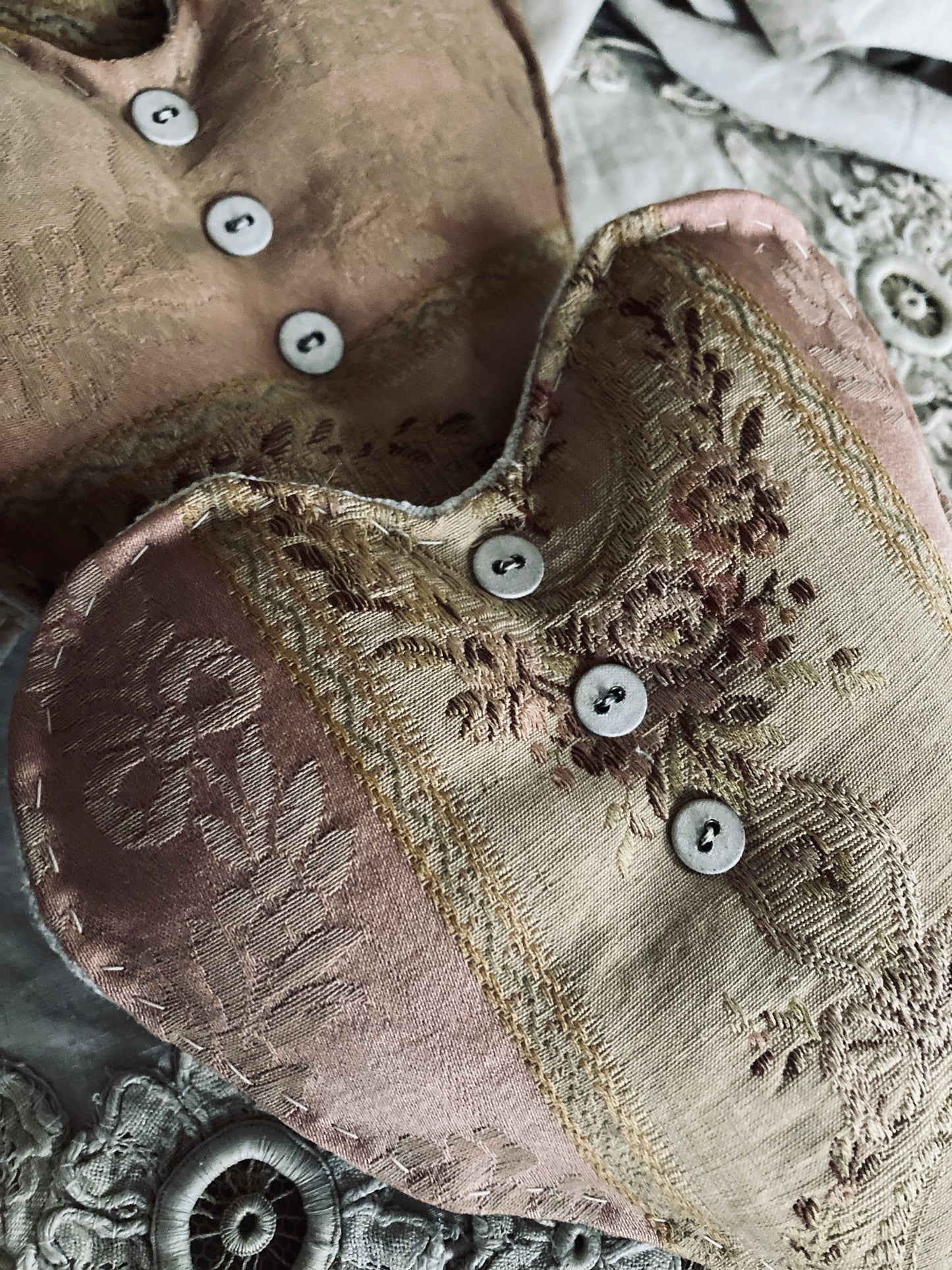 Antique french brocade Lavender filled hearts.