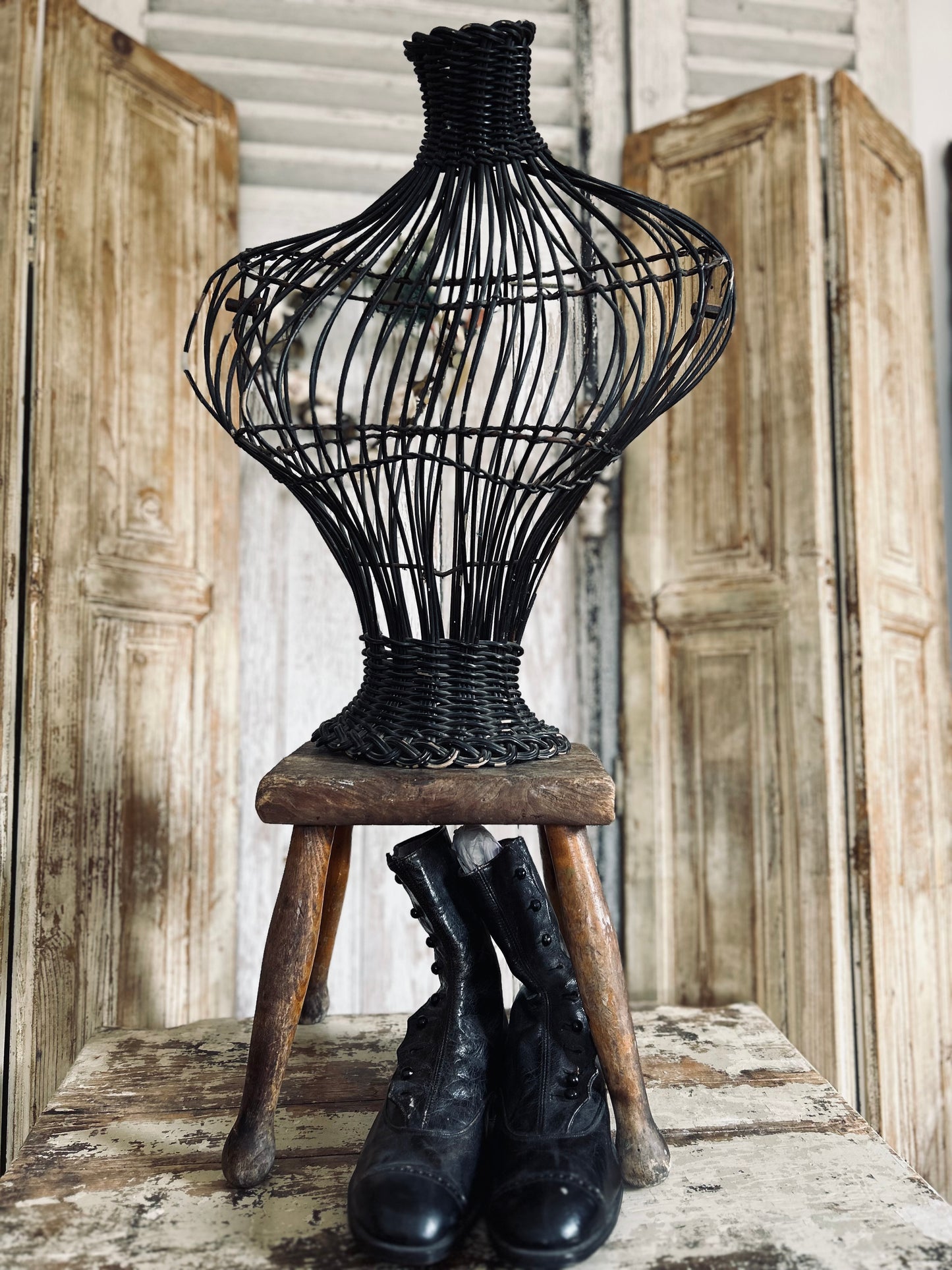 Unusual french 1920s wicker dress form.