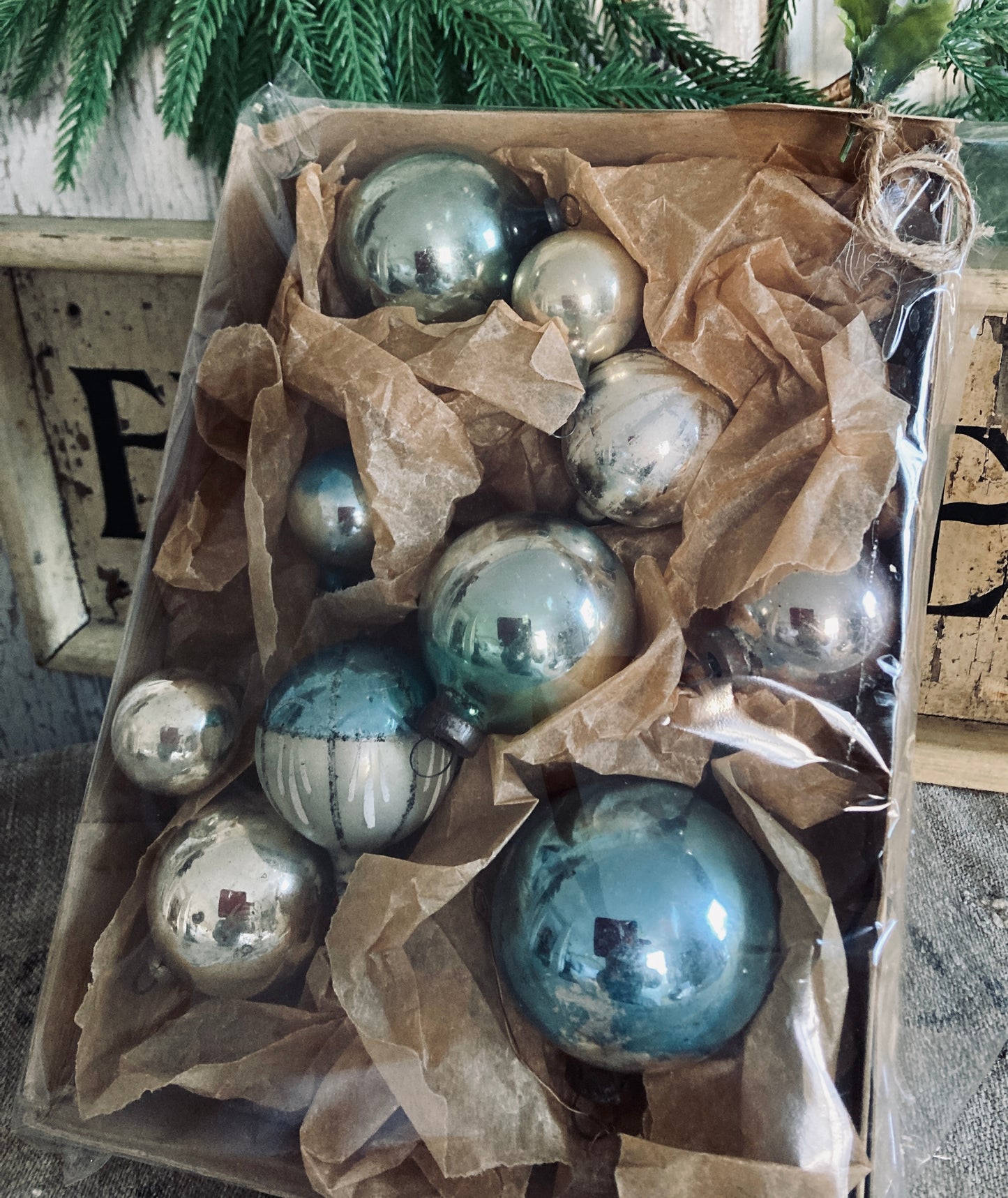 Vintage Christmas baubles blue tones.