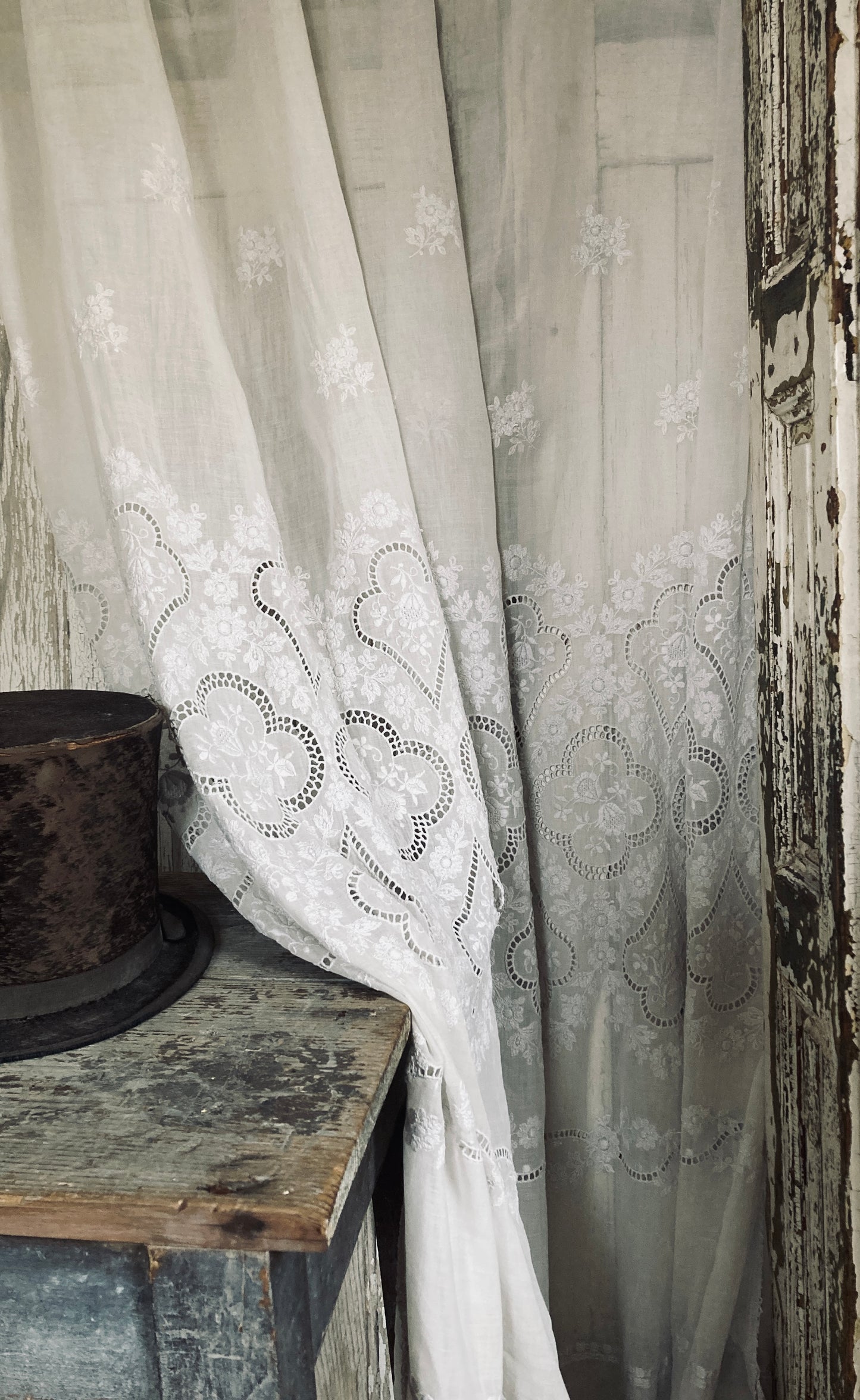 French antique long panel with gorgeous details and cutwork.