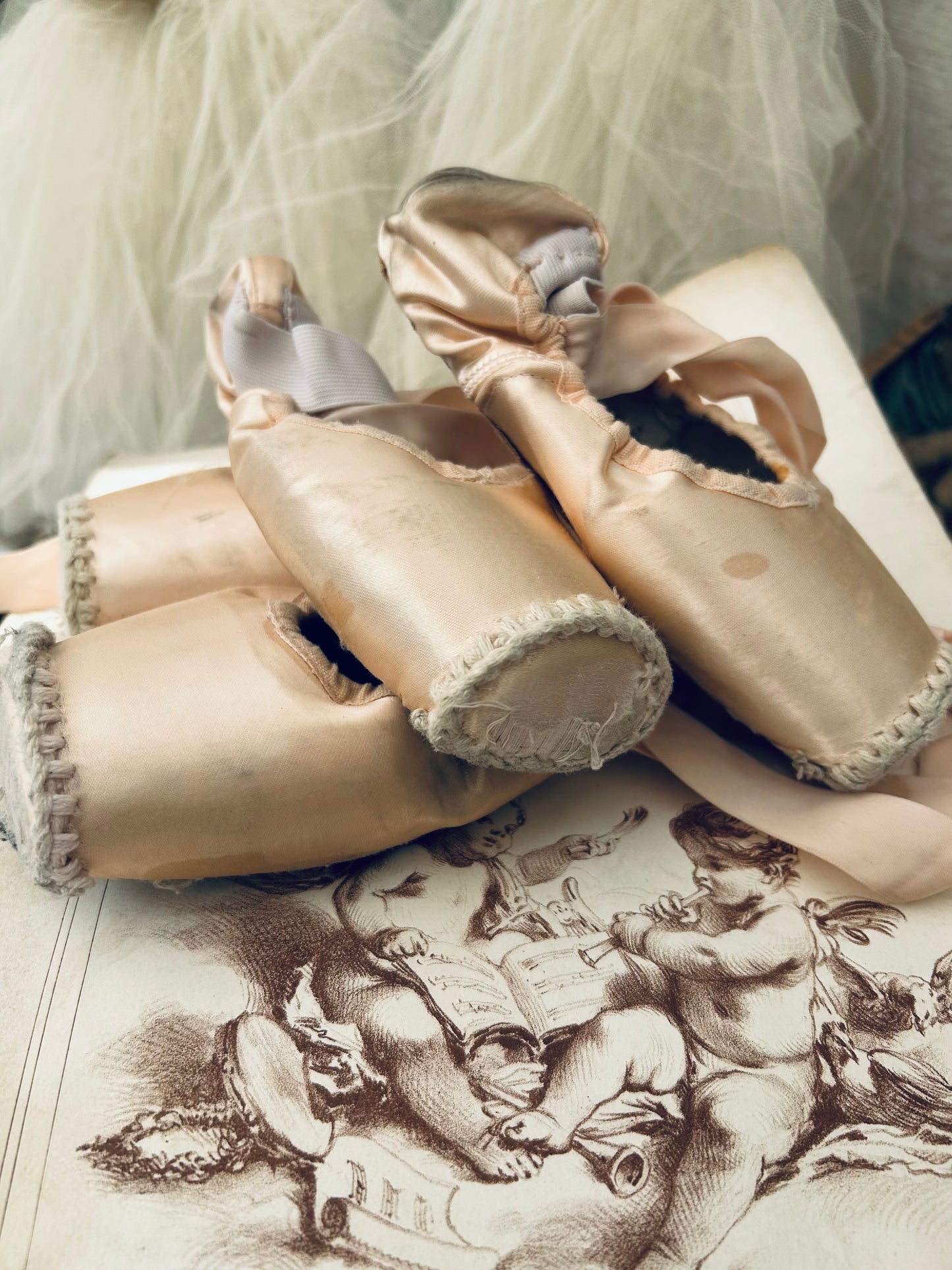 Two pairs of deliciously tatty old ballet pointes