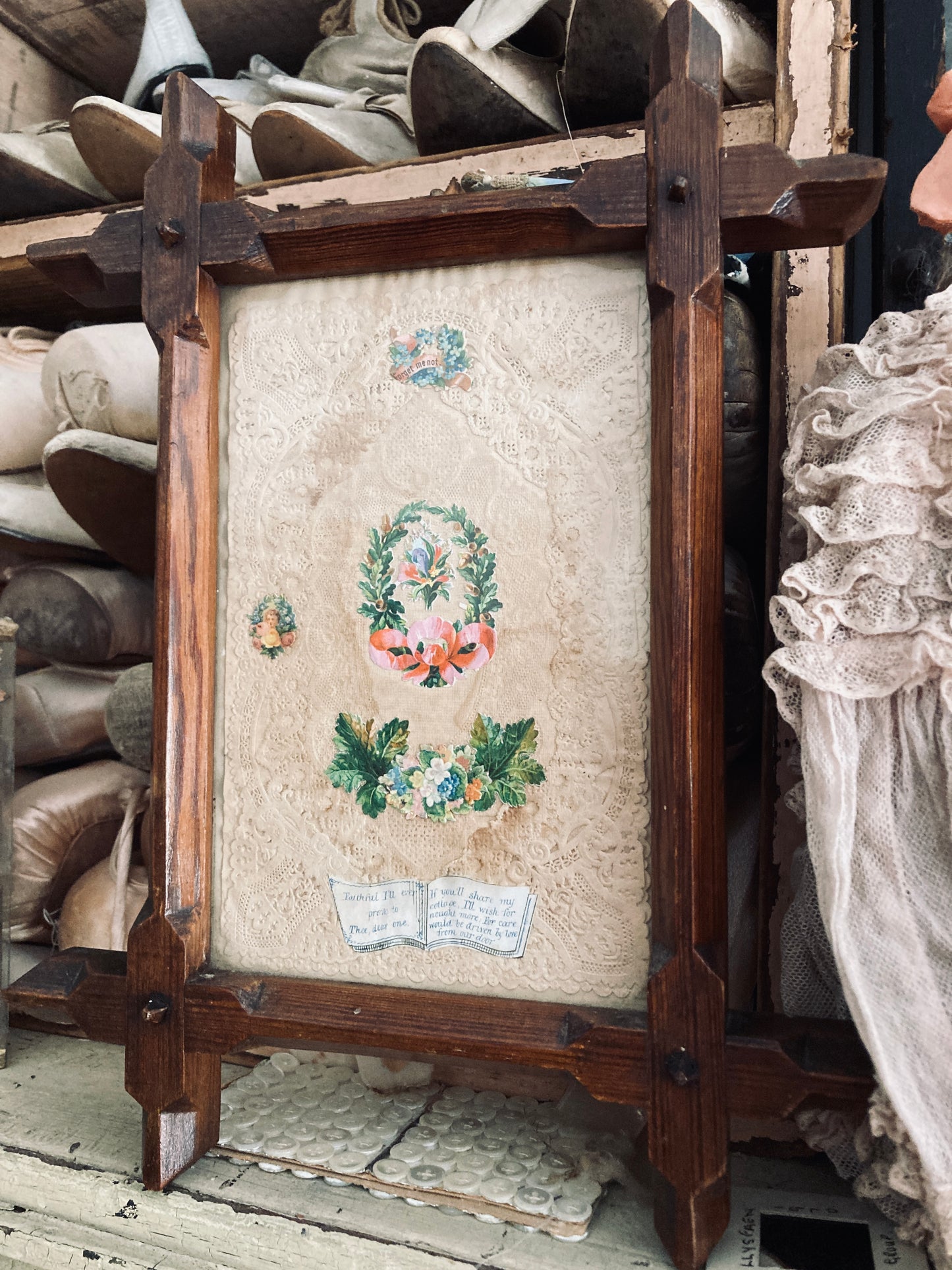 Victorian framed Valentine/ love token paper lace.