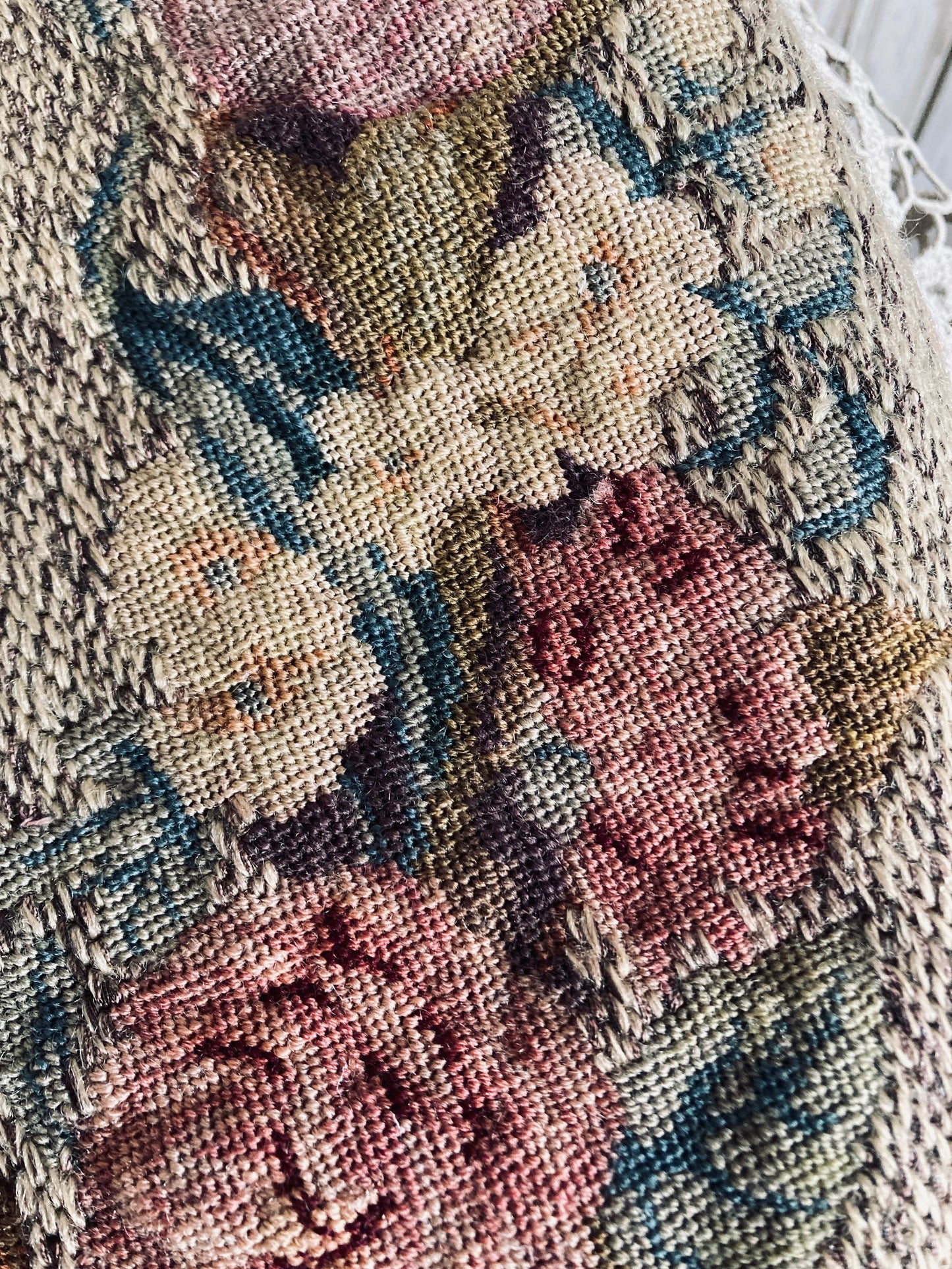 Glorious fine tapestry and crochet lace panelled table covering.