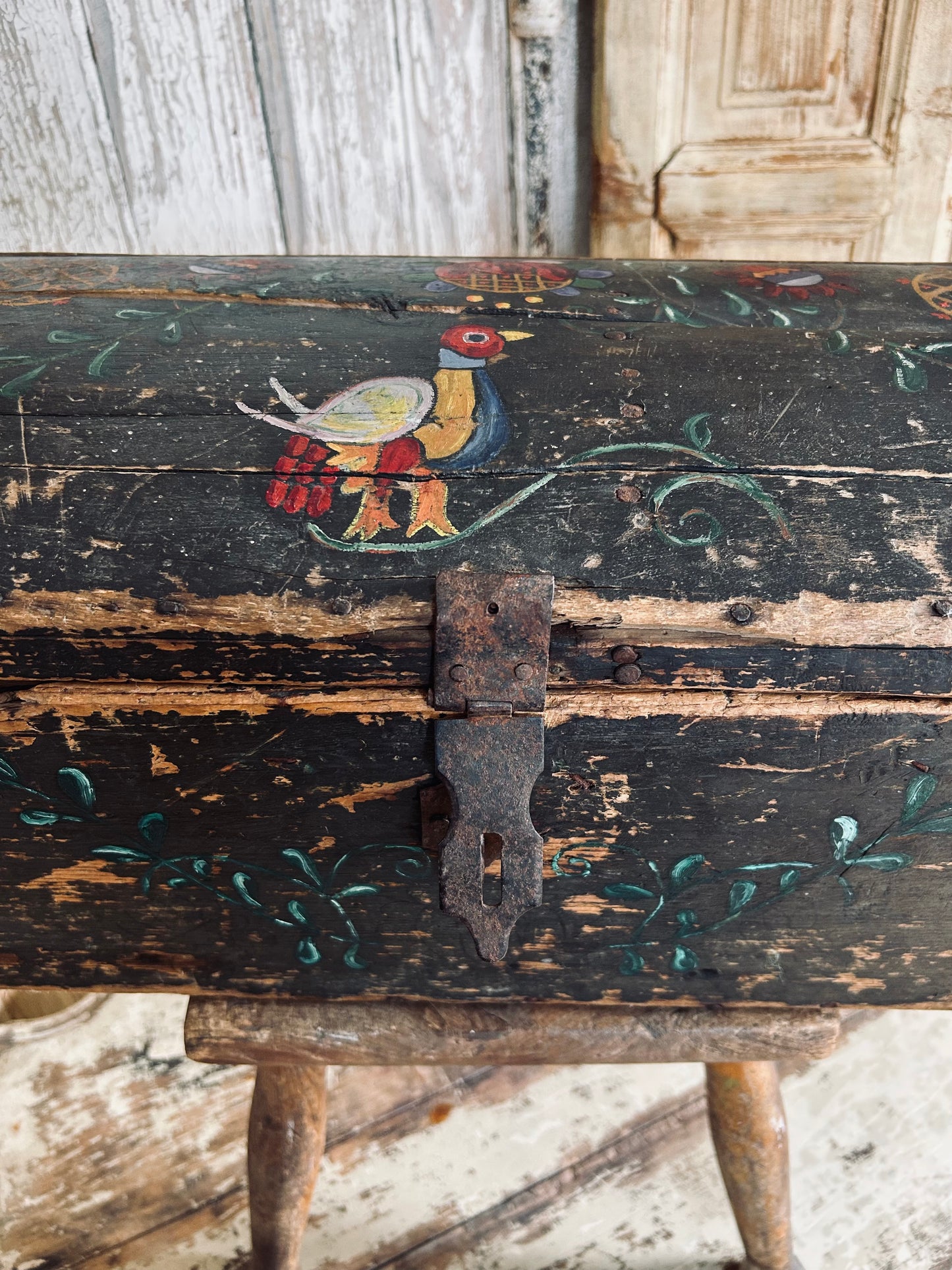 Antique Normandy marriage chest. Folk art.