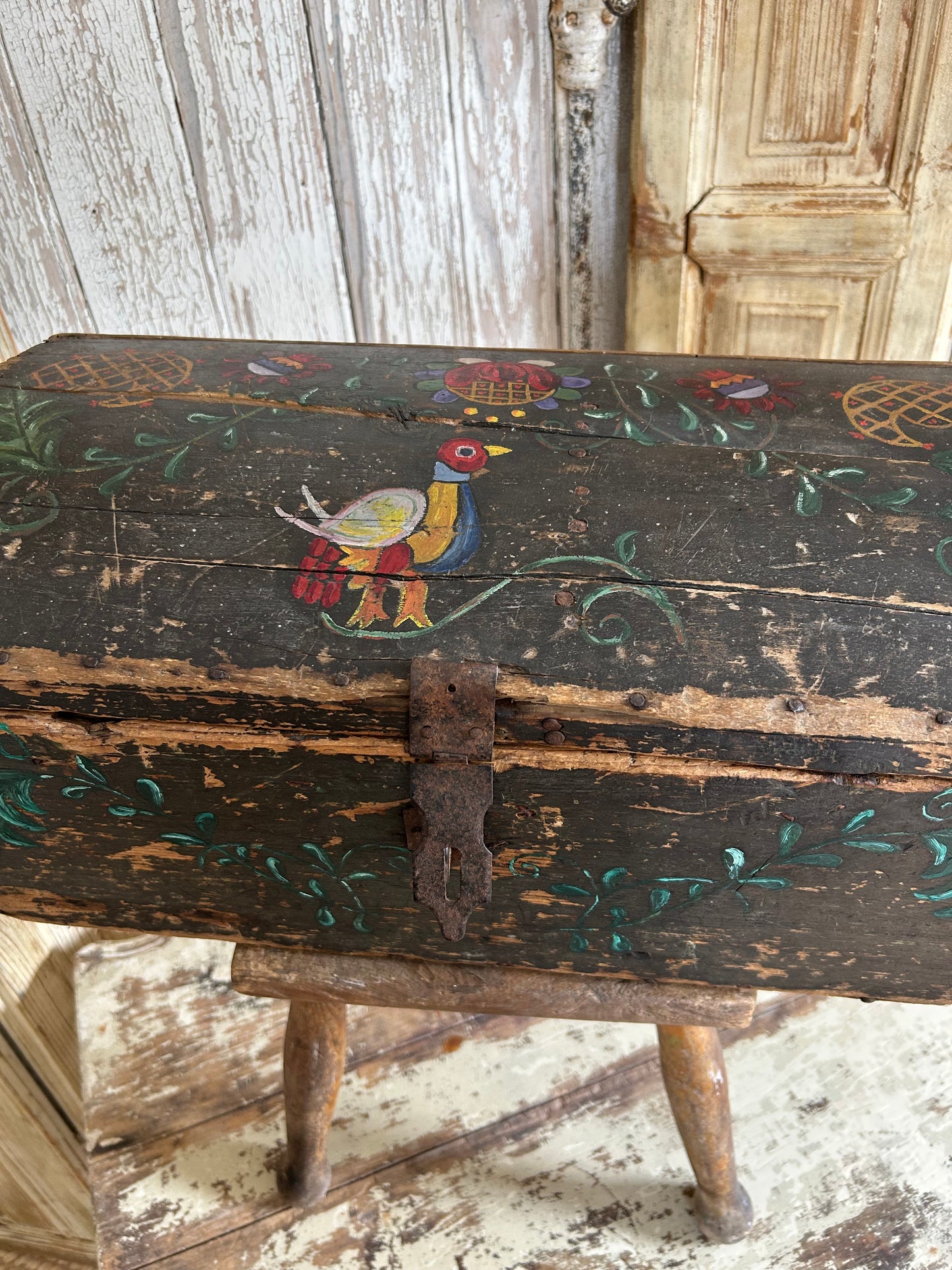 Antique Normandy marriage chest. Folk art.