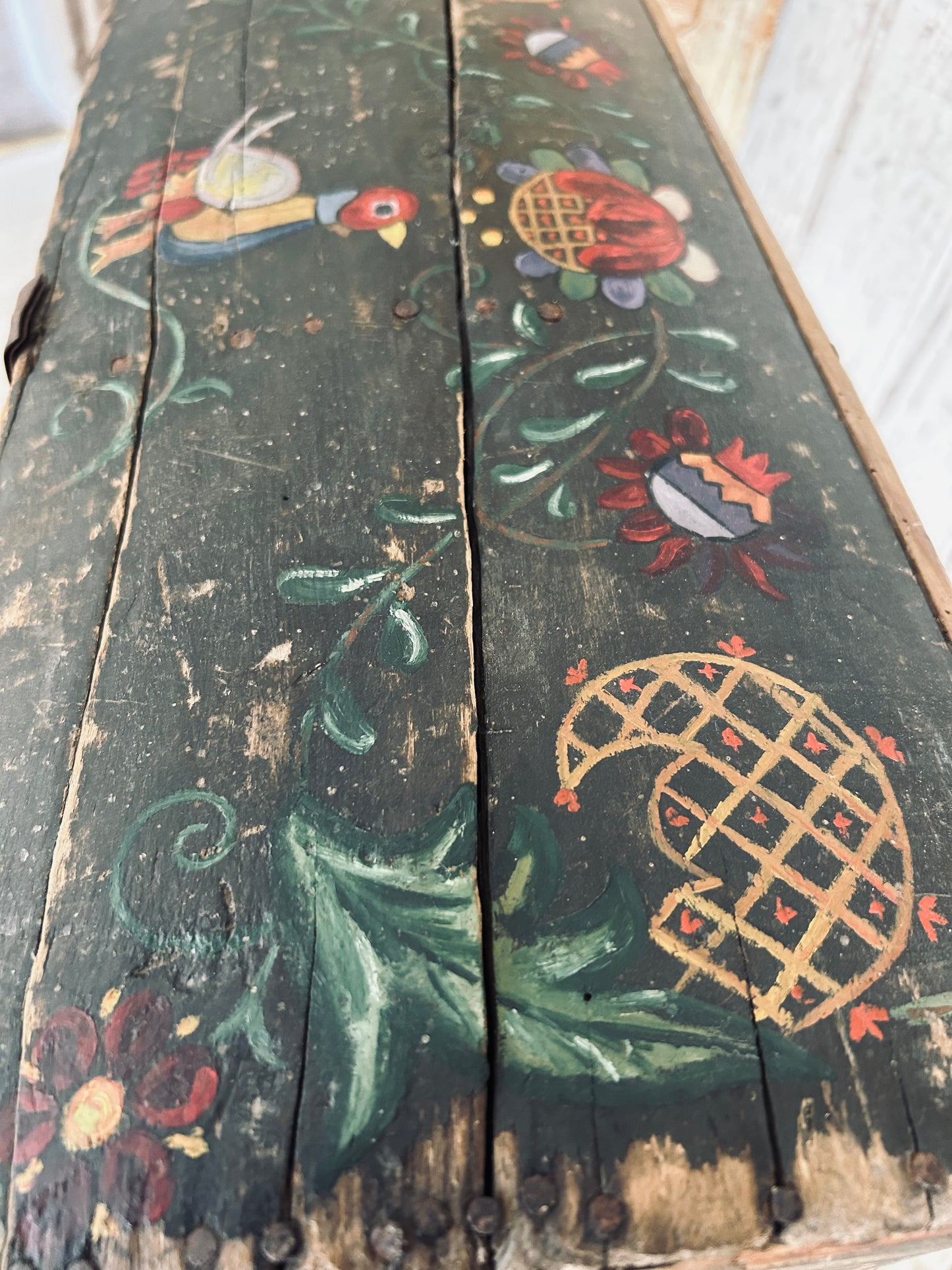 Antique Normandy marriage chest. Folk art.