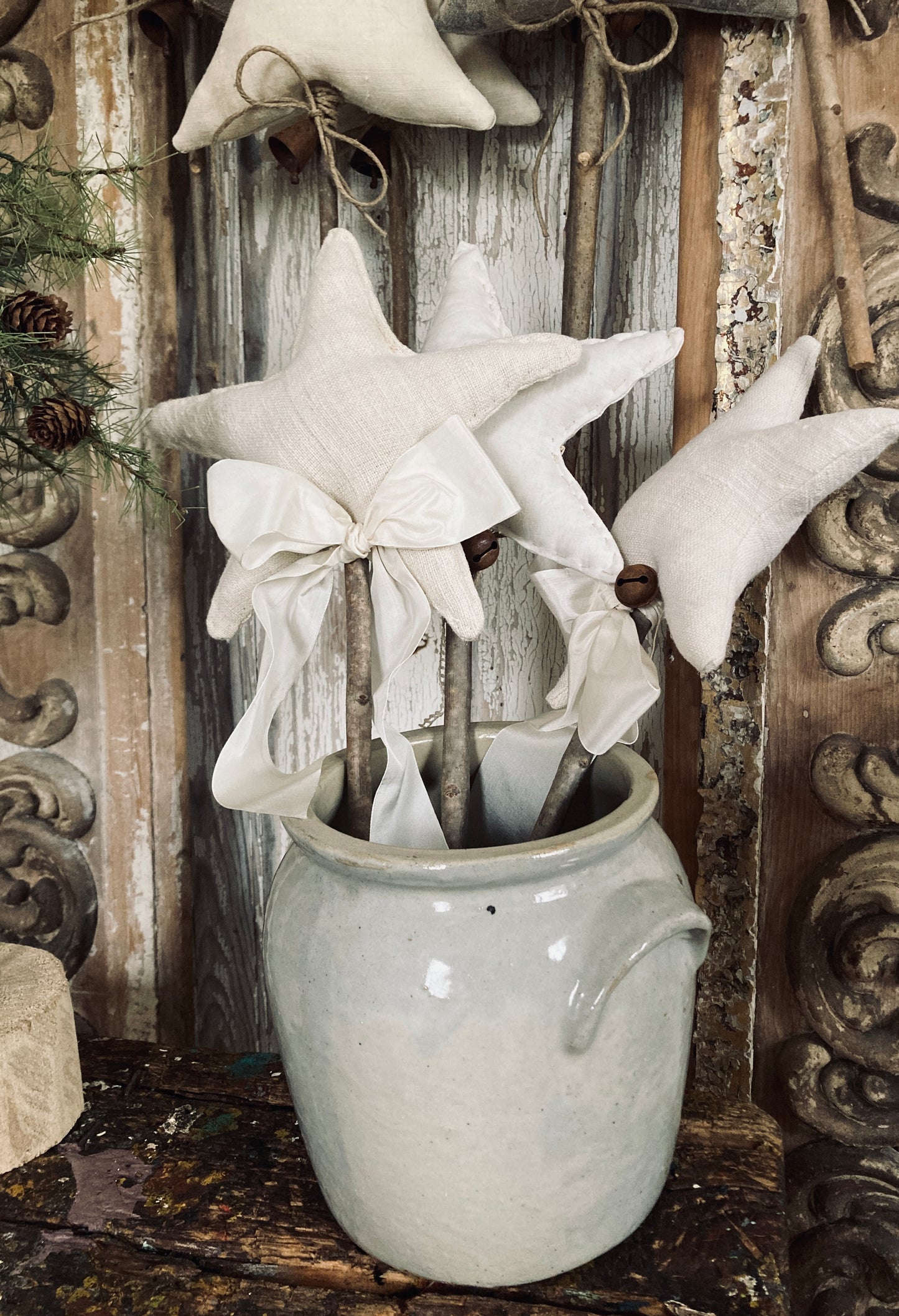 Old french linen stars on sticks