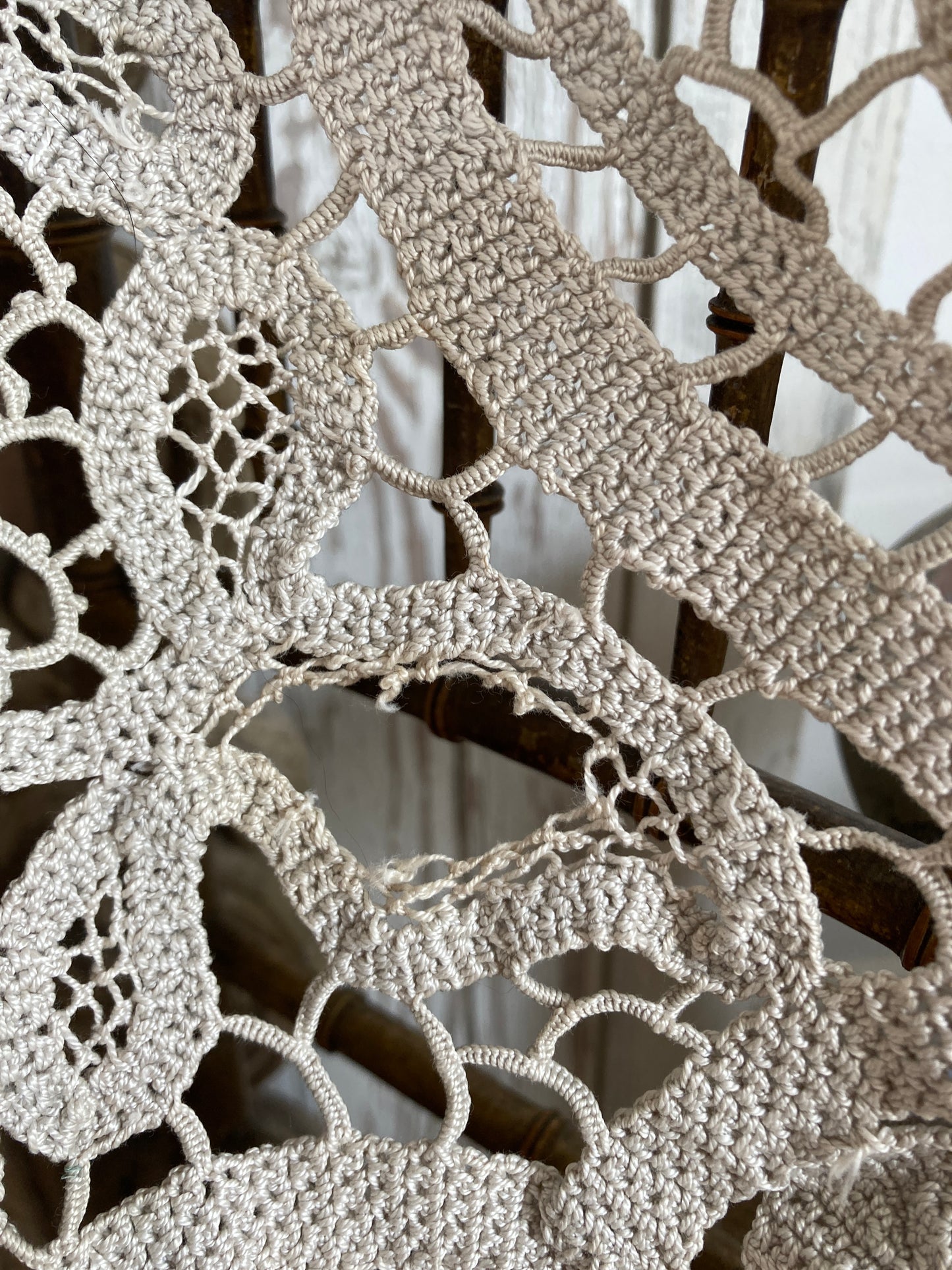 Glorious fine tapestry and crochet lace panelled table covering.