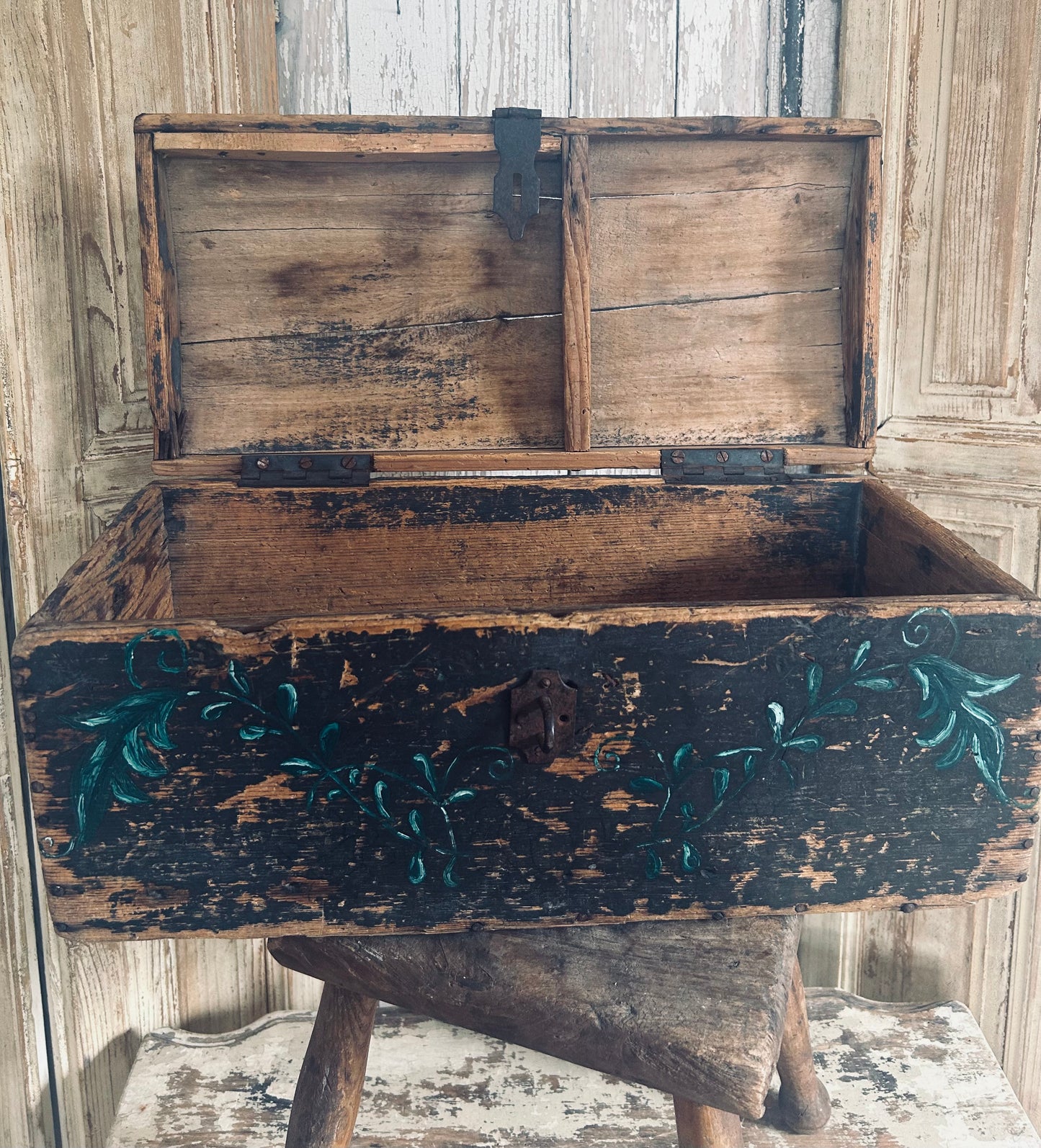 Antique Normandy marriage chest. Folk art.