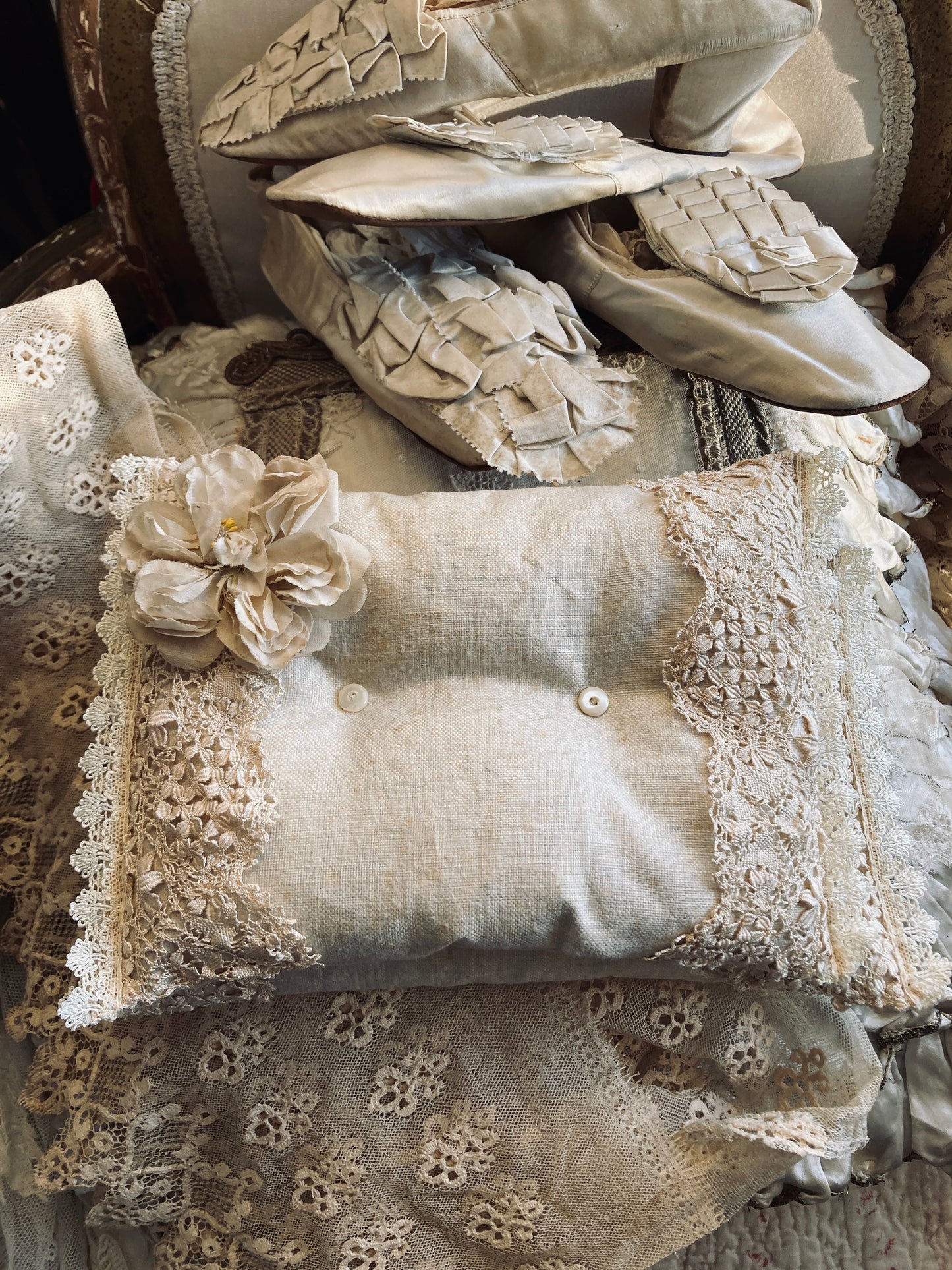 Reserved for F. Antique textile lavender mini cushion.