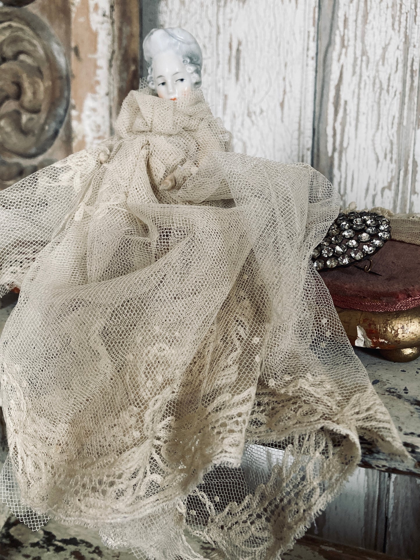 Antique German head and lace gown.