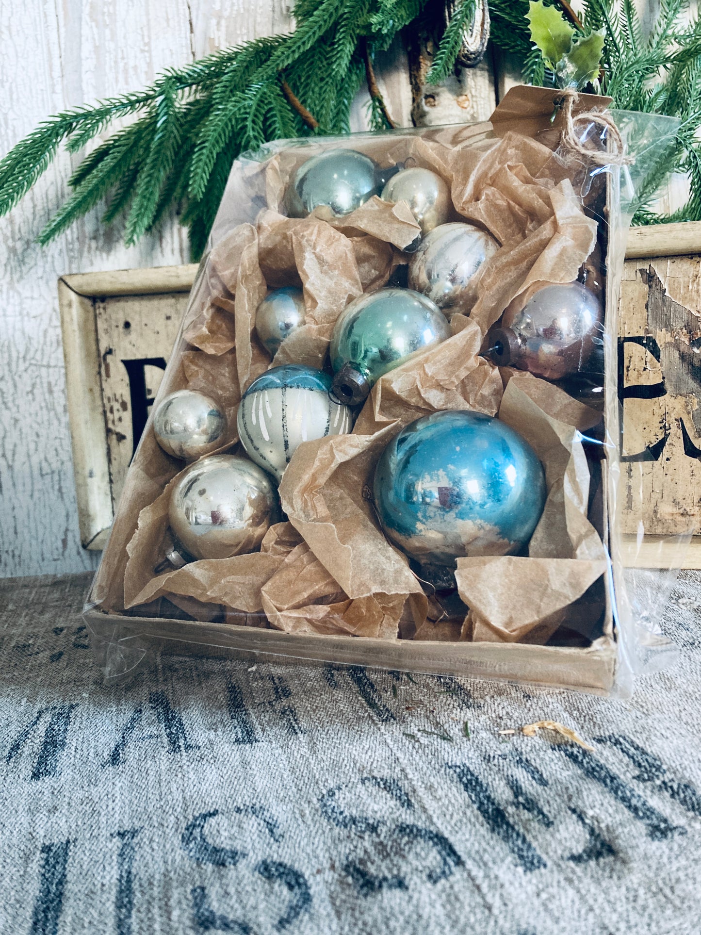 Vintage Christmas baubles blue tones.