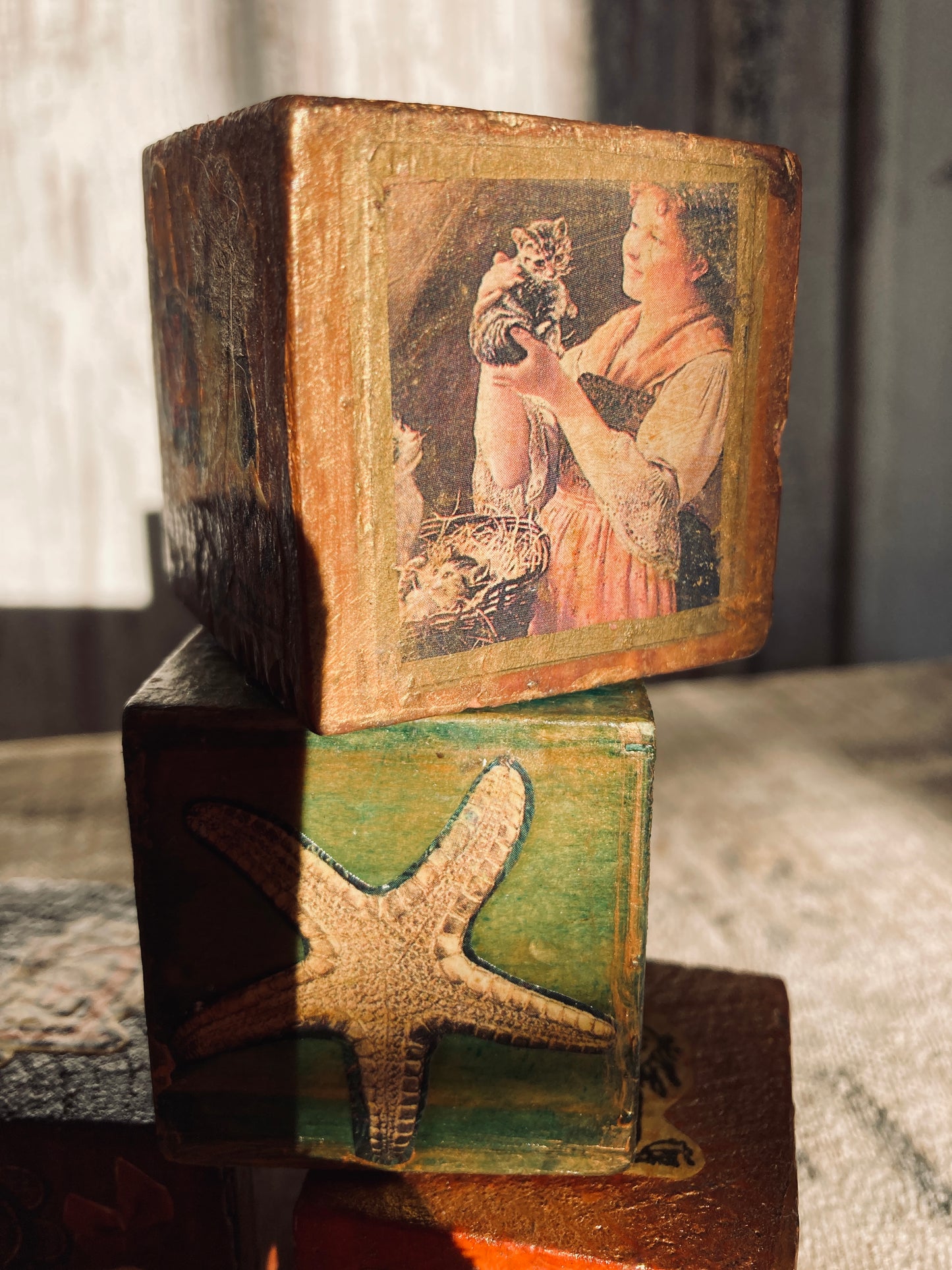 Four Victorian decoupage blocks