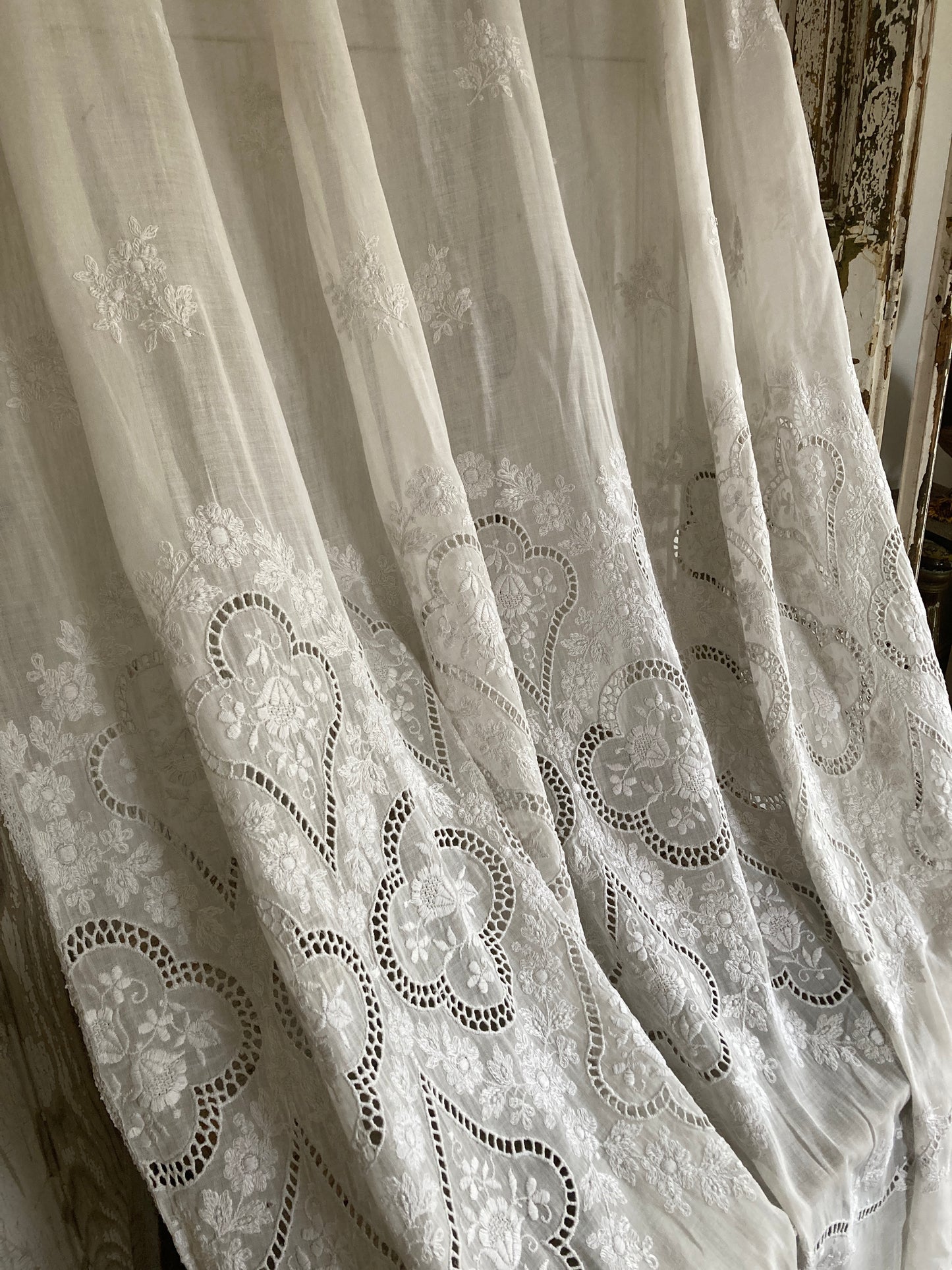 French antique long panel with gorgeous details and cutwork.