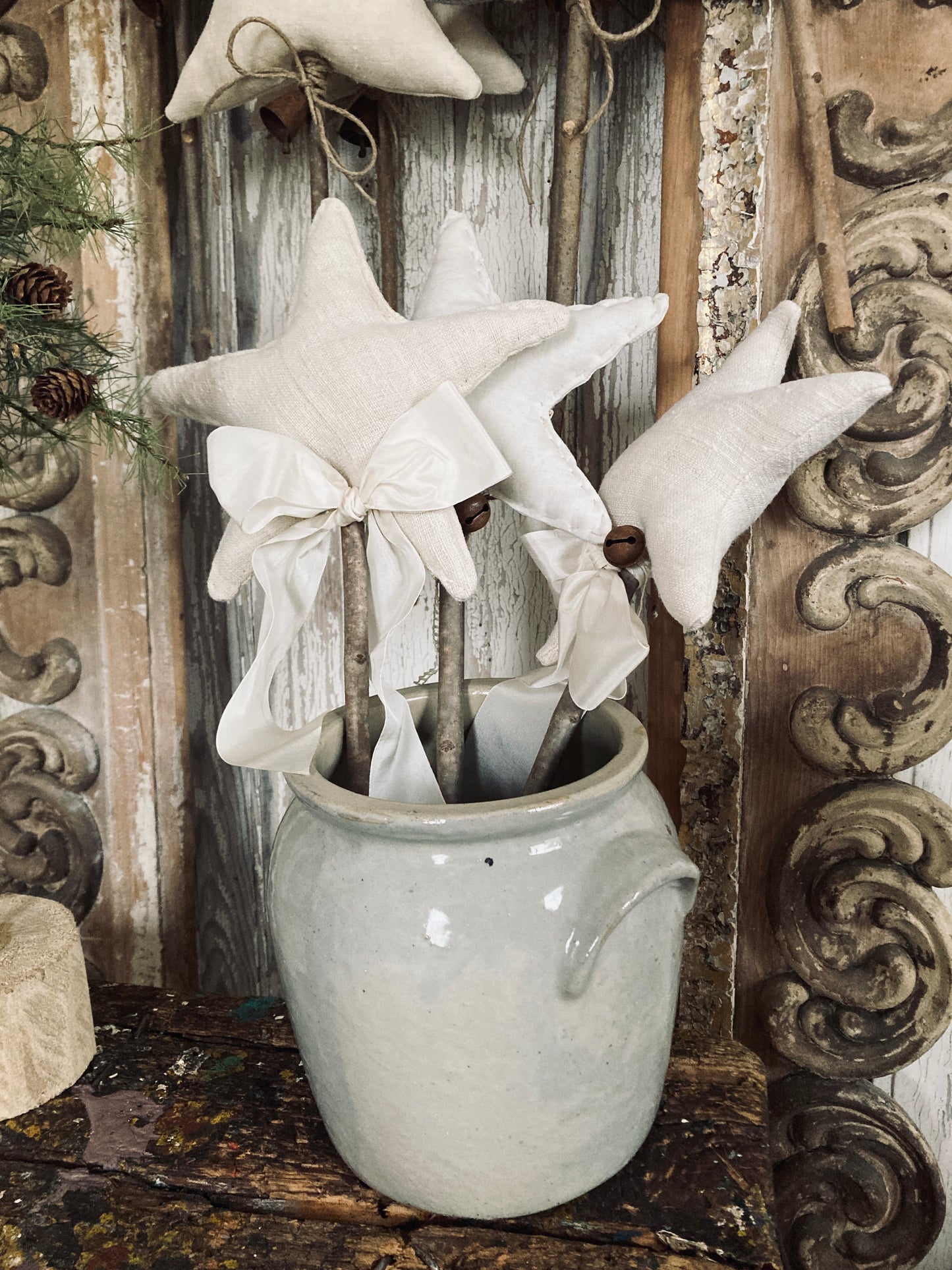 Old french linen stars on sticks
