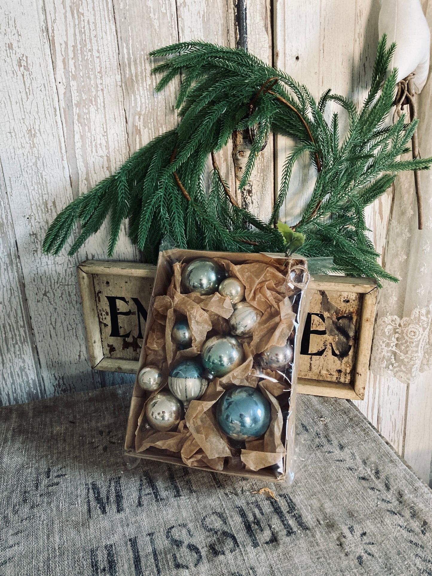 Vintage Christmas baubles blue tones.