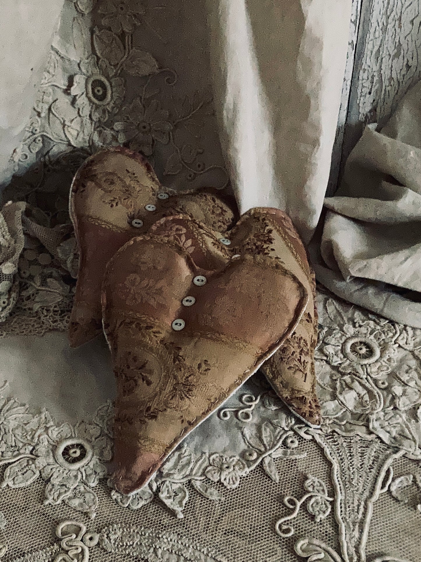 Antique french brocade Lavender filled hearts.