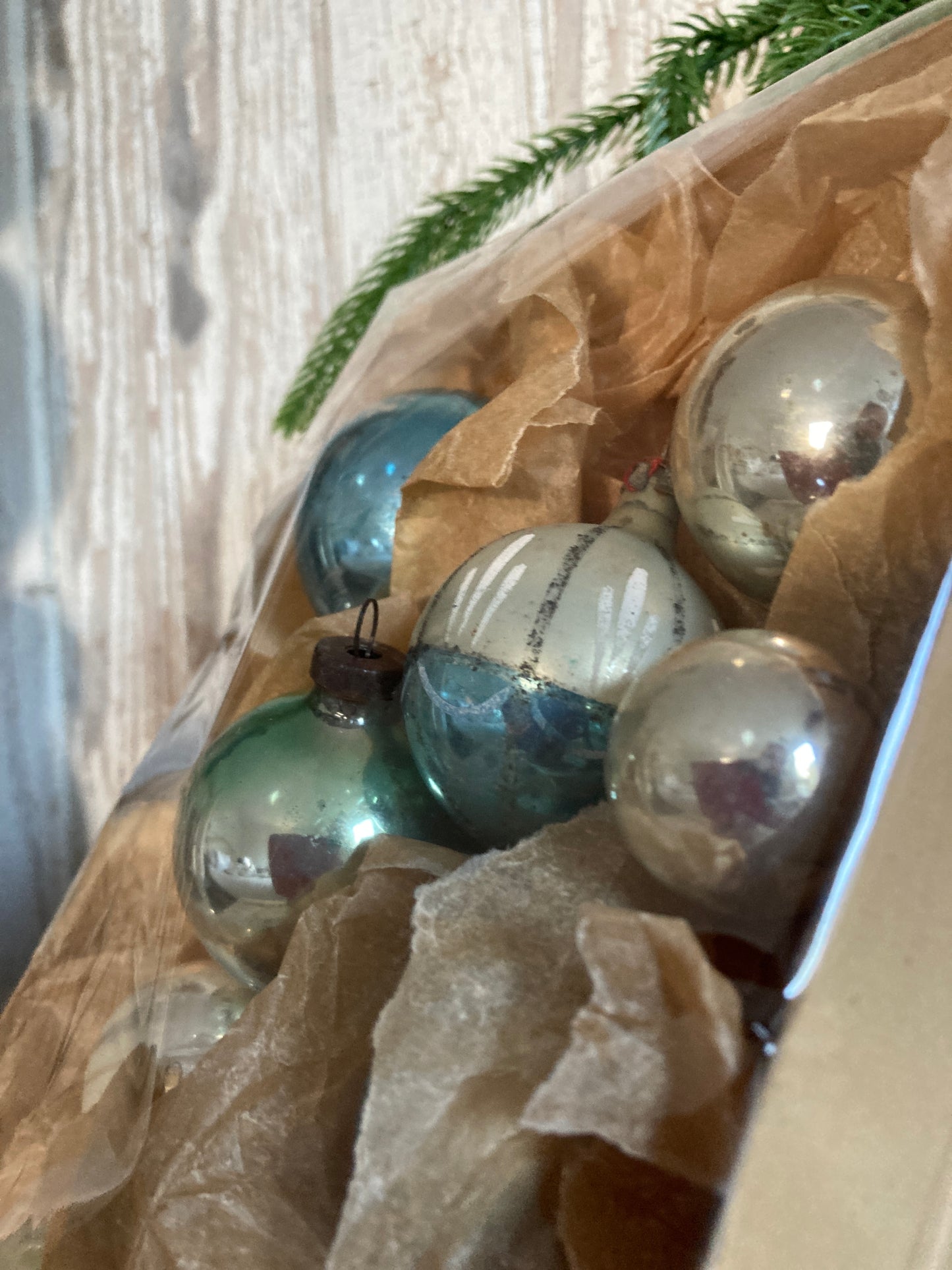 Vintage Christmas baubles blue tones.