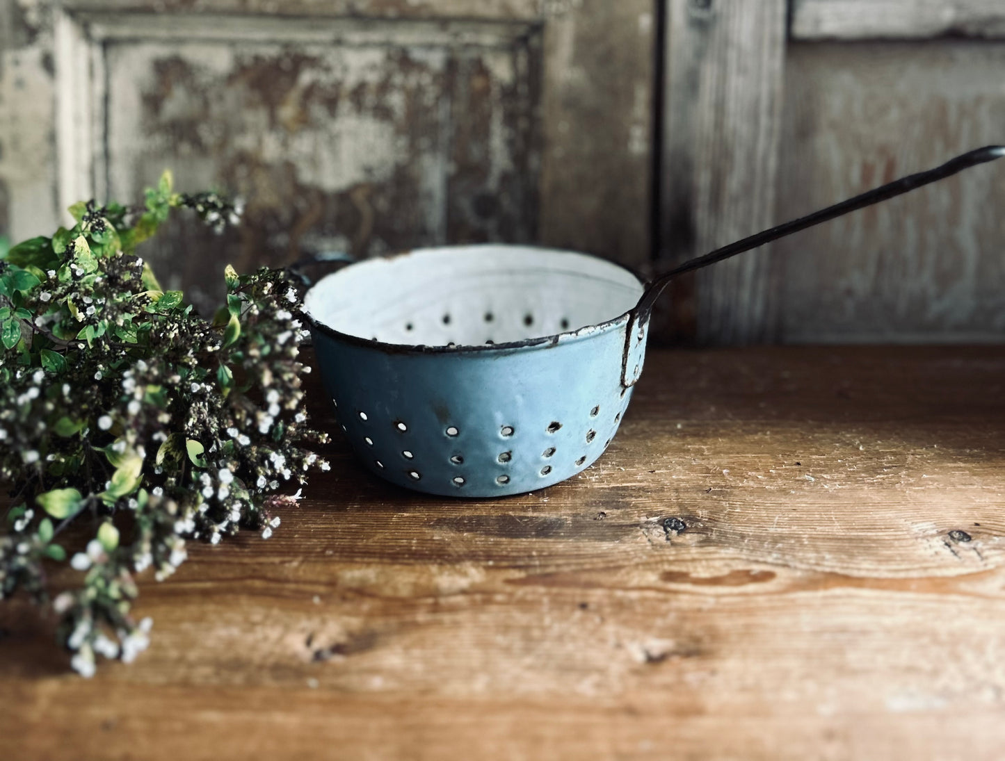 Blue French enamel strainer