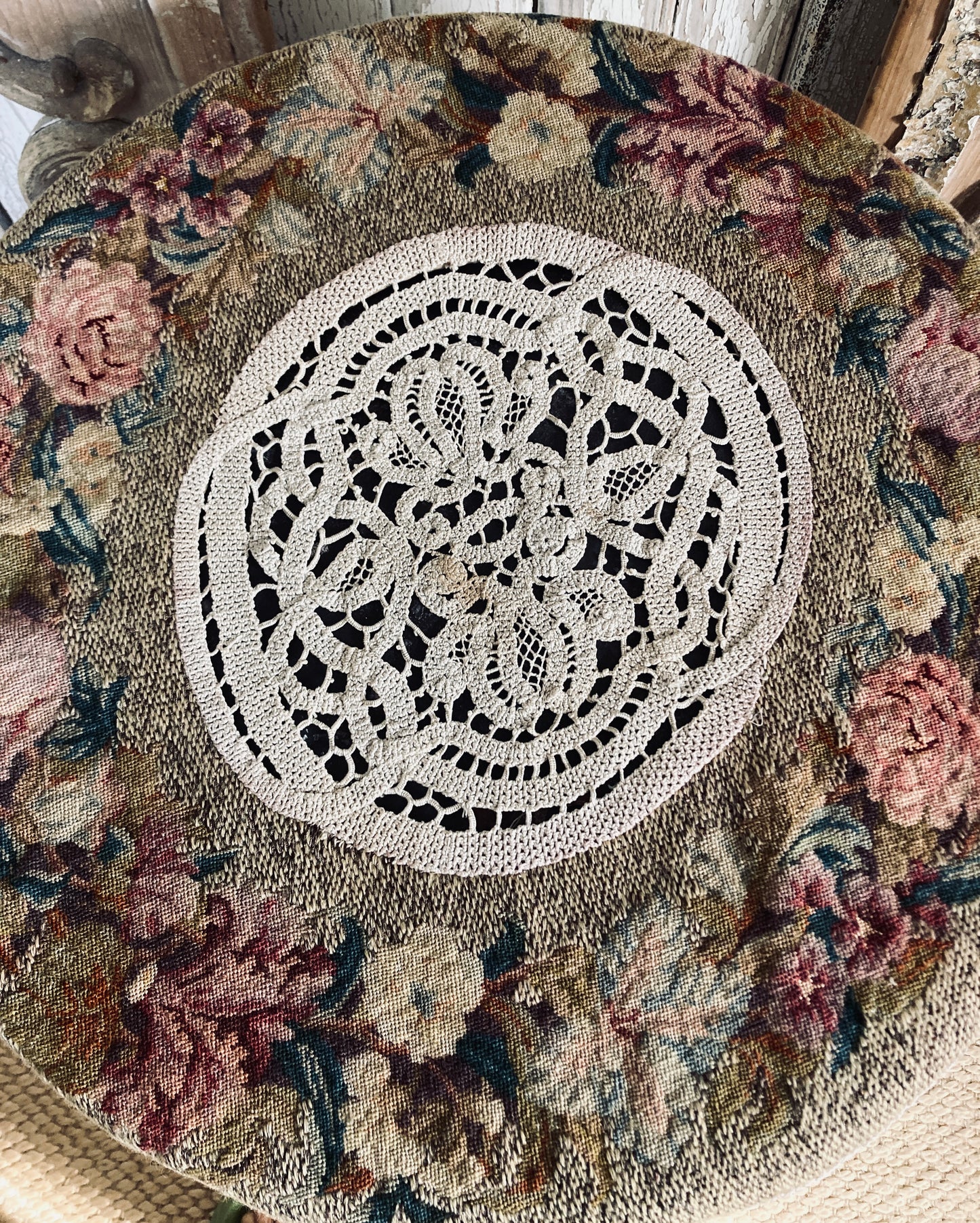 Glorious fine tapestry and crochet lace panelled table covering.