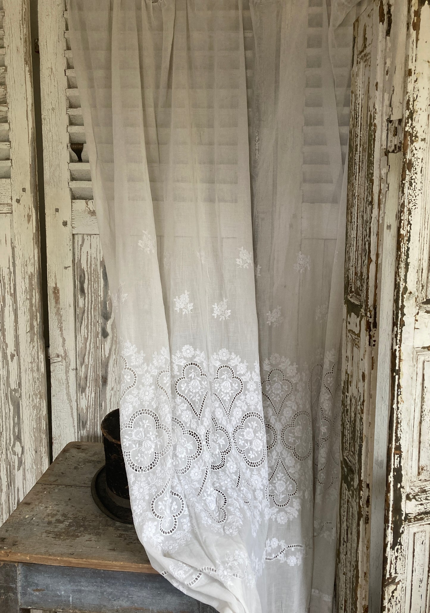 French antique long panel with gorgeous details and cutwork.