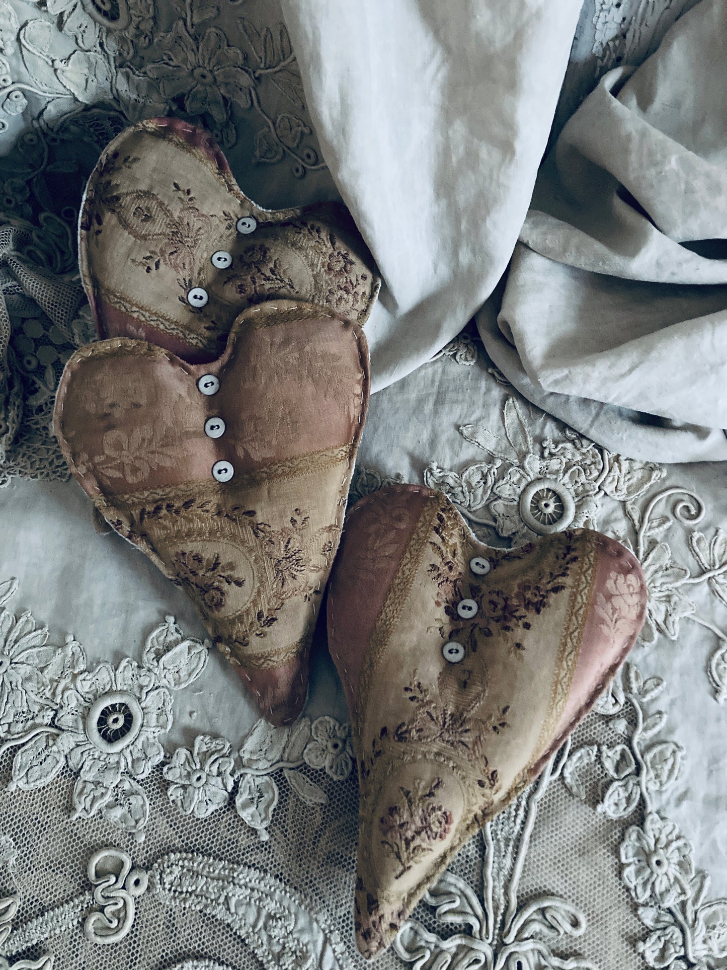 Antique french brocade Lavender filled hearts.