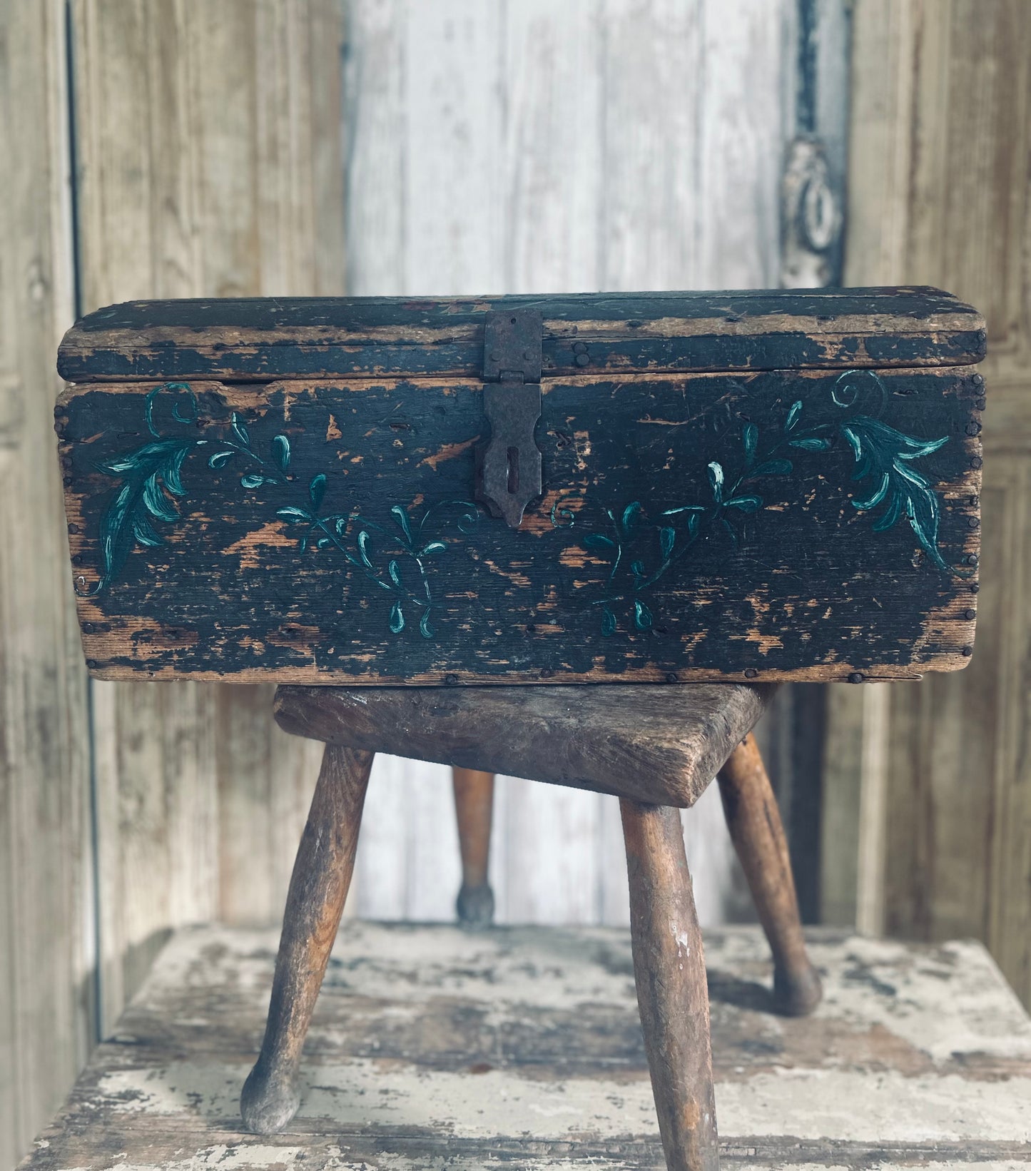 Antique Normandy marriage chest. Folk art.