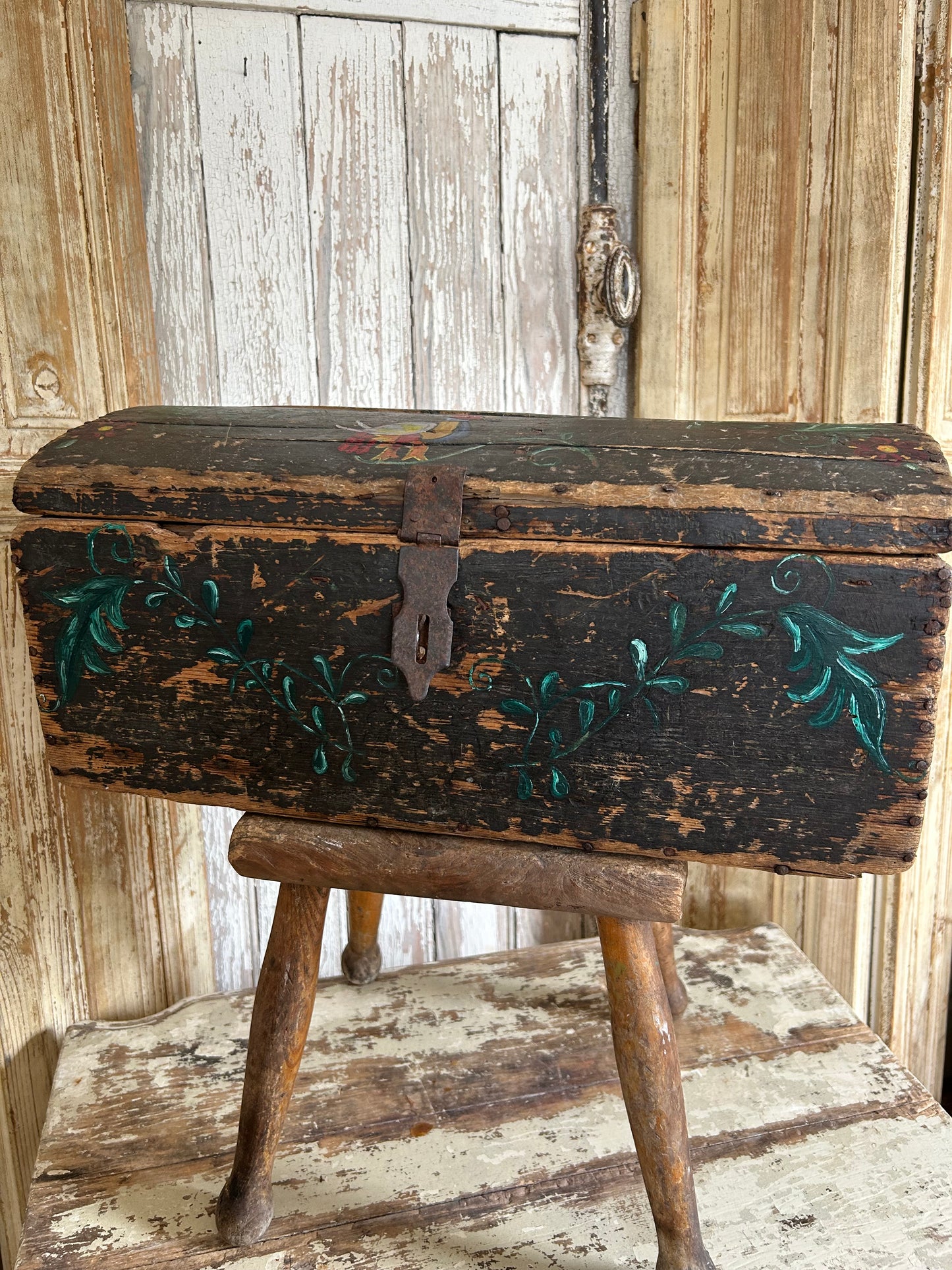 Antique Normandy marriage chest. Folk art.