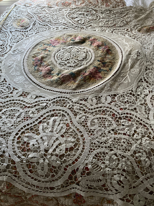 Glorious fine tapestry and crochet lace panelled table covering.