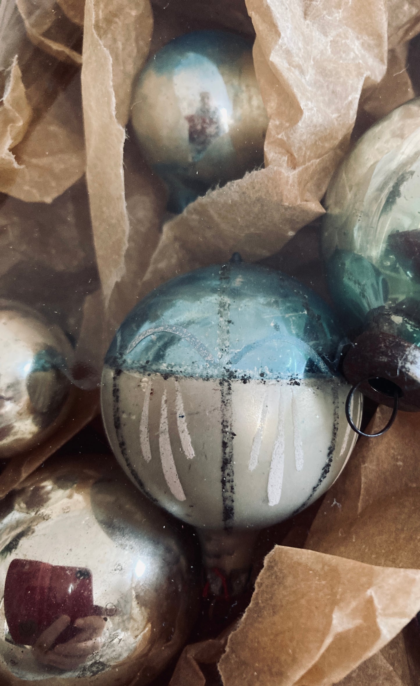 Vintage Christmas baubles blue tones.